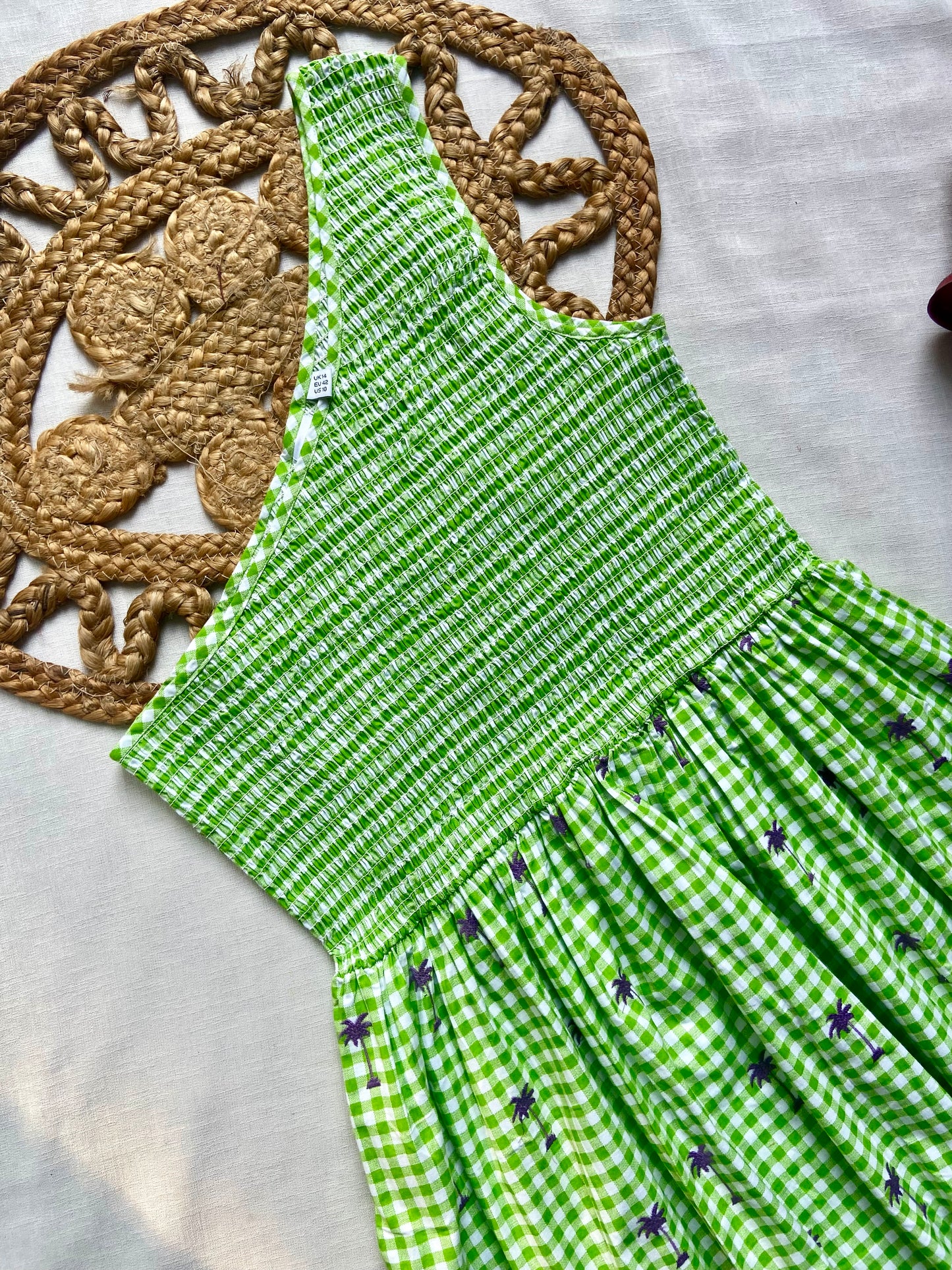 Girls Green One Shoulder Gingham Dress with Floral Print