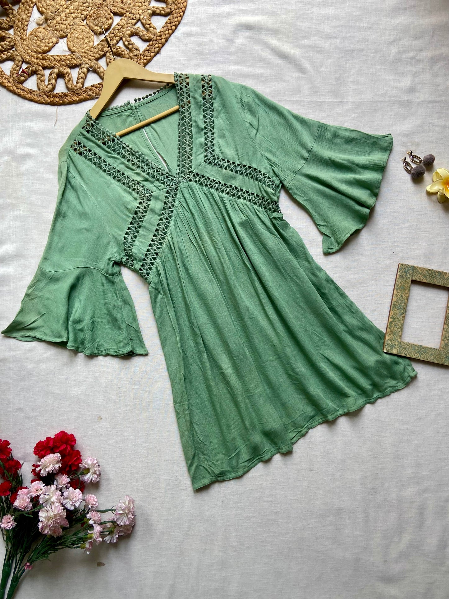 Green Lace Detailed Mini Dress
