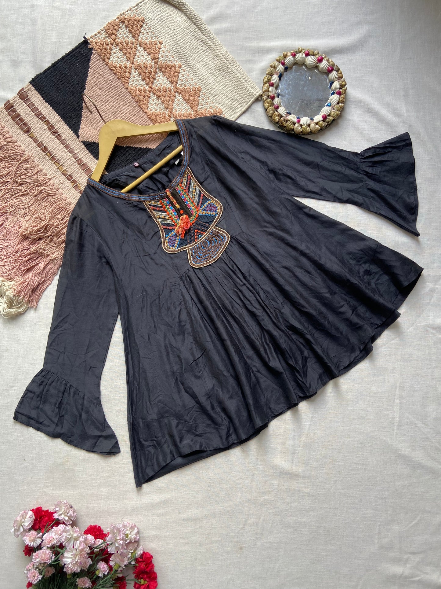 Women's Black Flared Tunic Top with Colorful Embroidery – Boho Ethnic Style