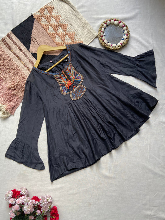 Women's Black Flared Tunic Top with Colorful Embroidery – Boho Ethnic Style