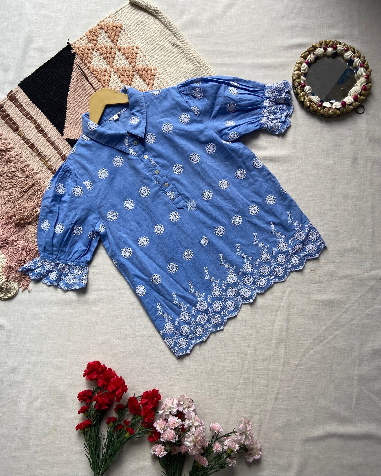 Sky Blue Embroidered Cotton Top with Puff Sleeves