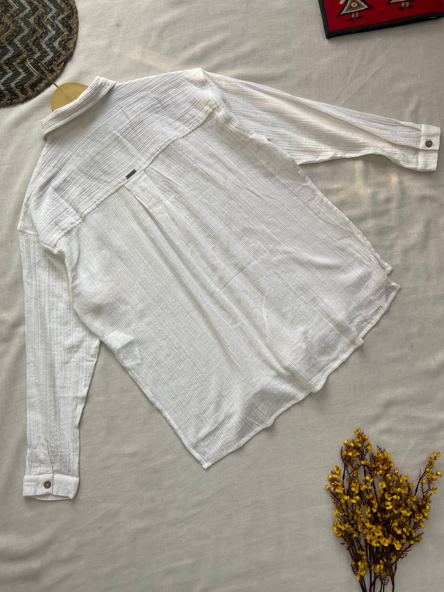Elegant White Textured Cotton Shirt with Wooden Buttons