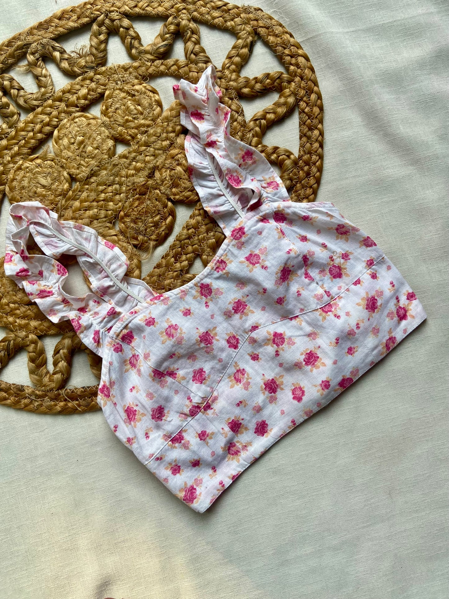 Girls Pink Floral Cotton Crop Top with Ruffle Straps