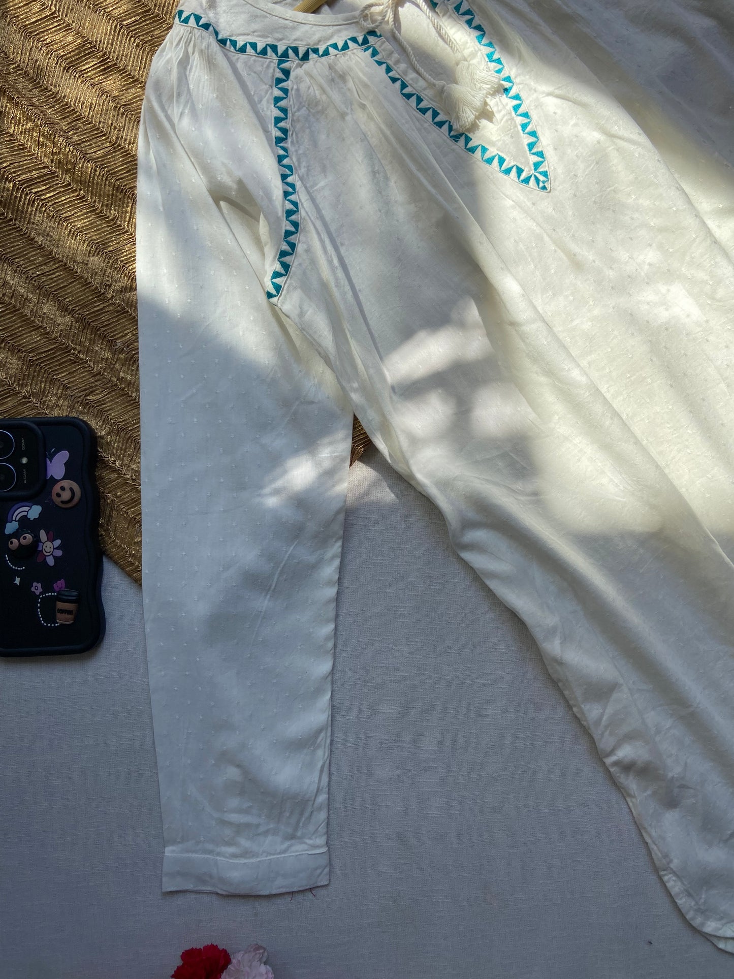 Off-White Cotton Kurti with Blue Thread Detailing