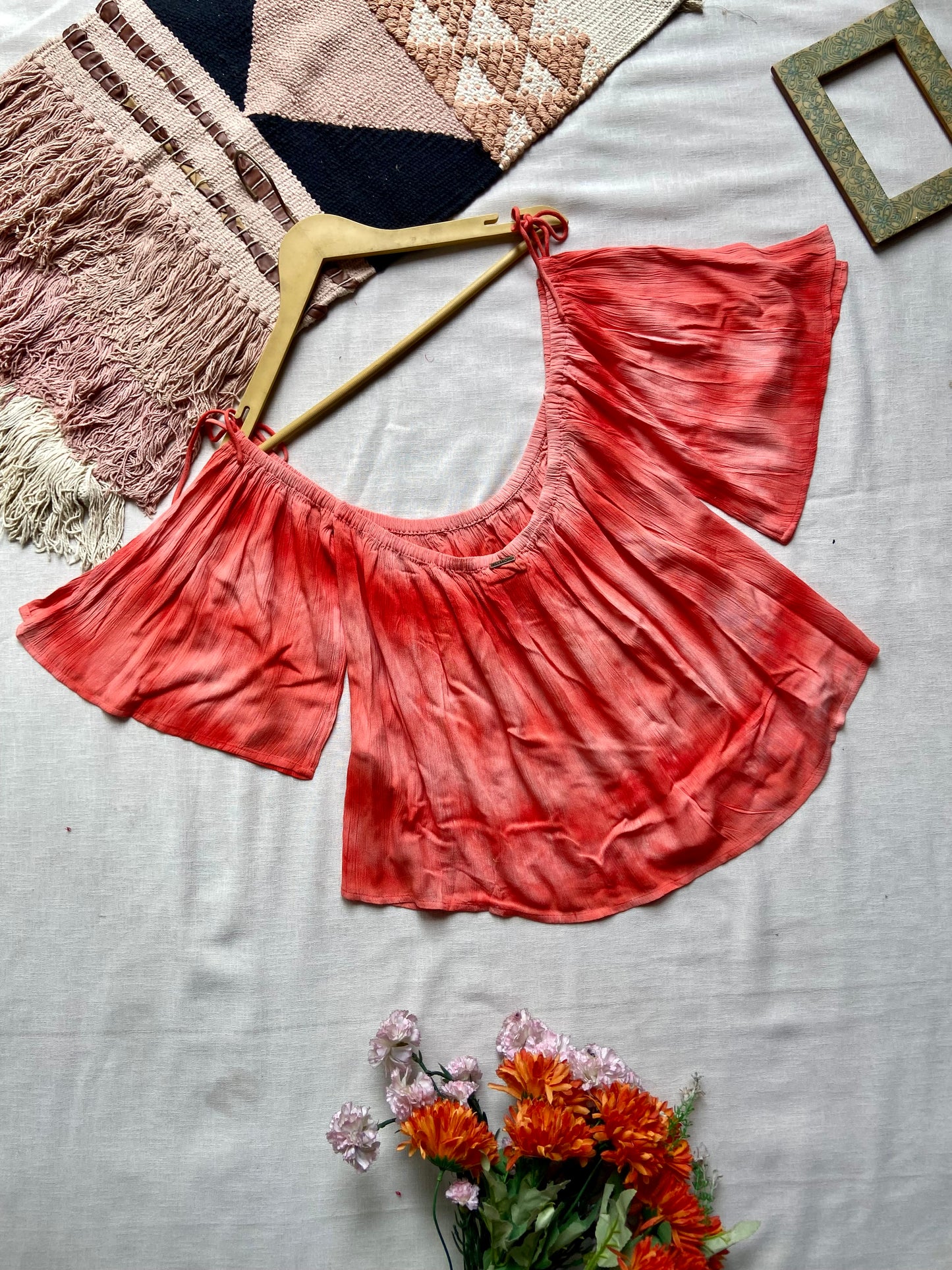 Red Tie-Dye Off-Shoulder Flared Top