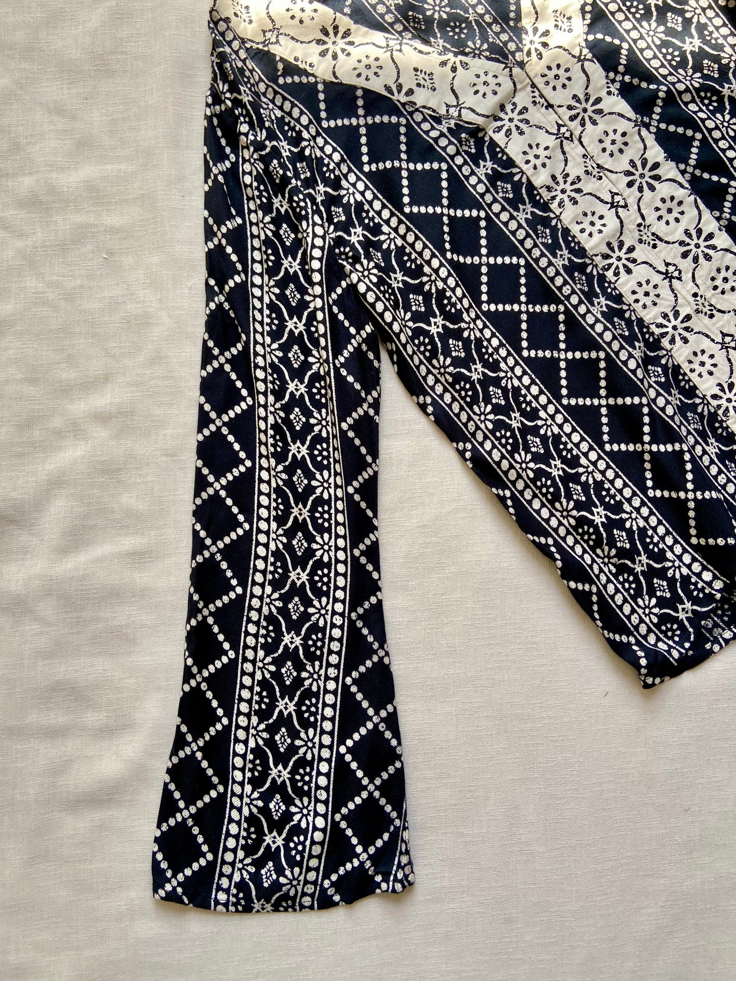 Elegant Navy Blue & White Printed Bell Sleeve Top