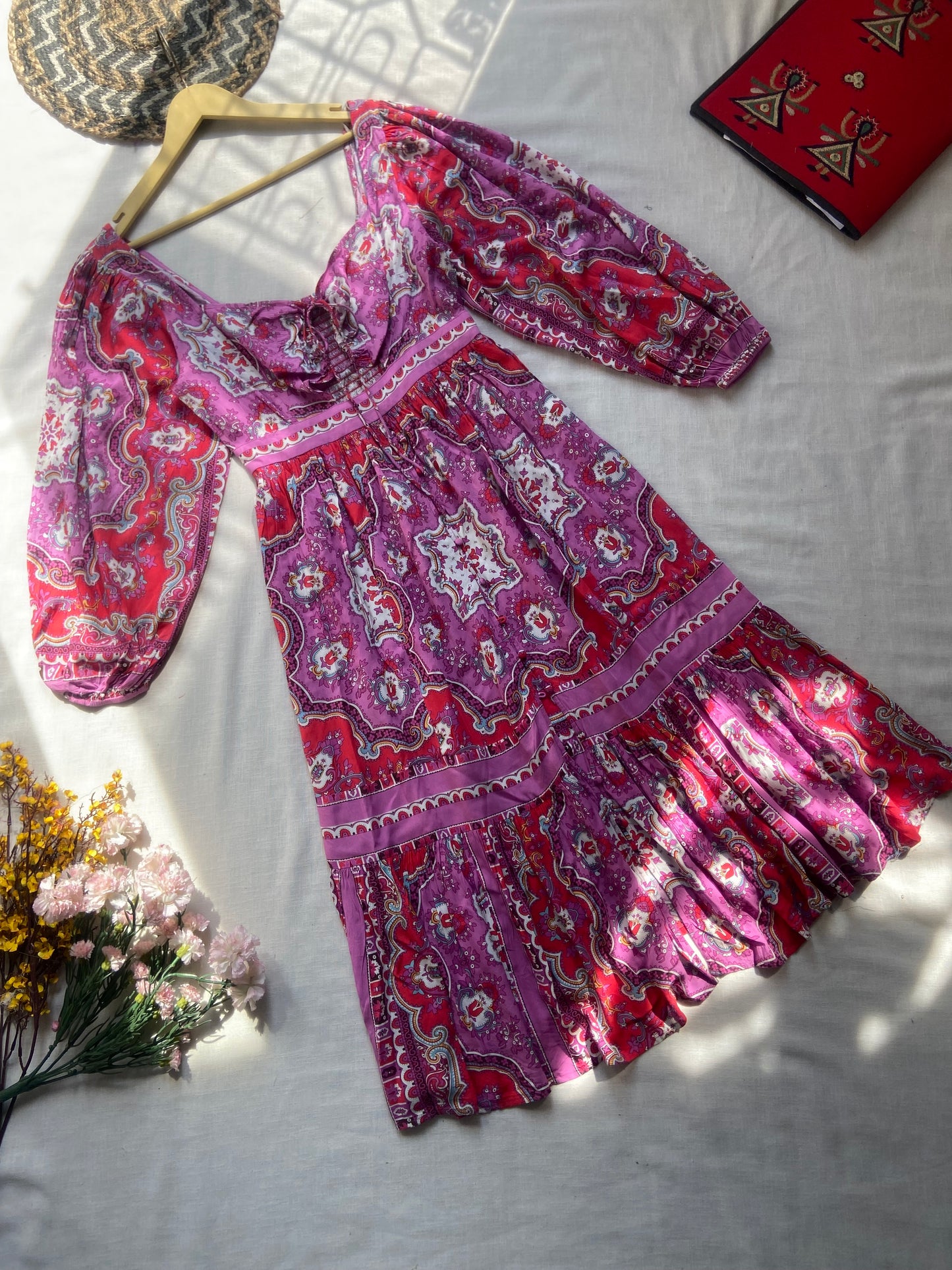Boho Printed Puff Sleeve Dress – Pink & Red