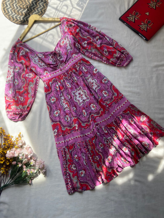 Boho Printed Puff Sleeve Dress – Pink & Red