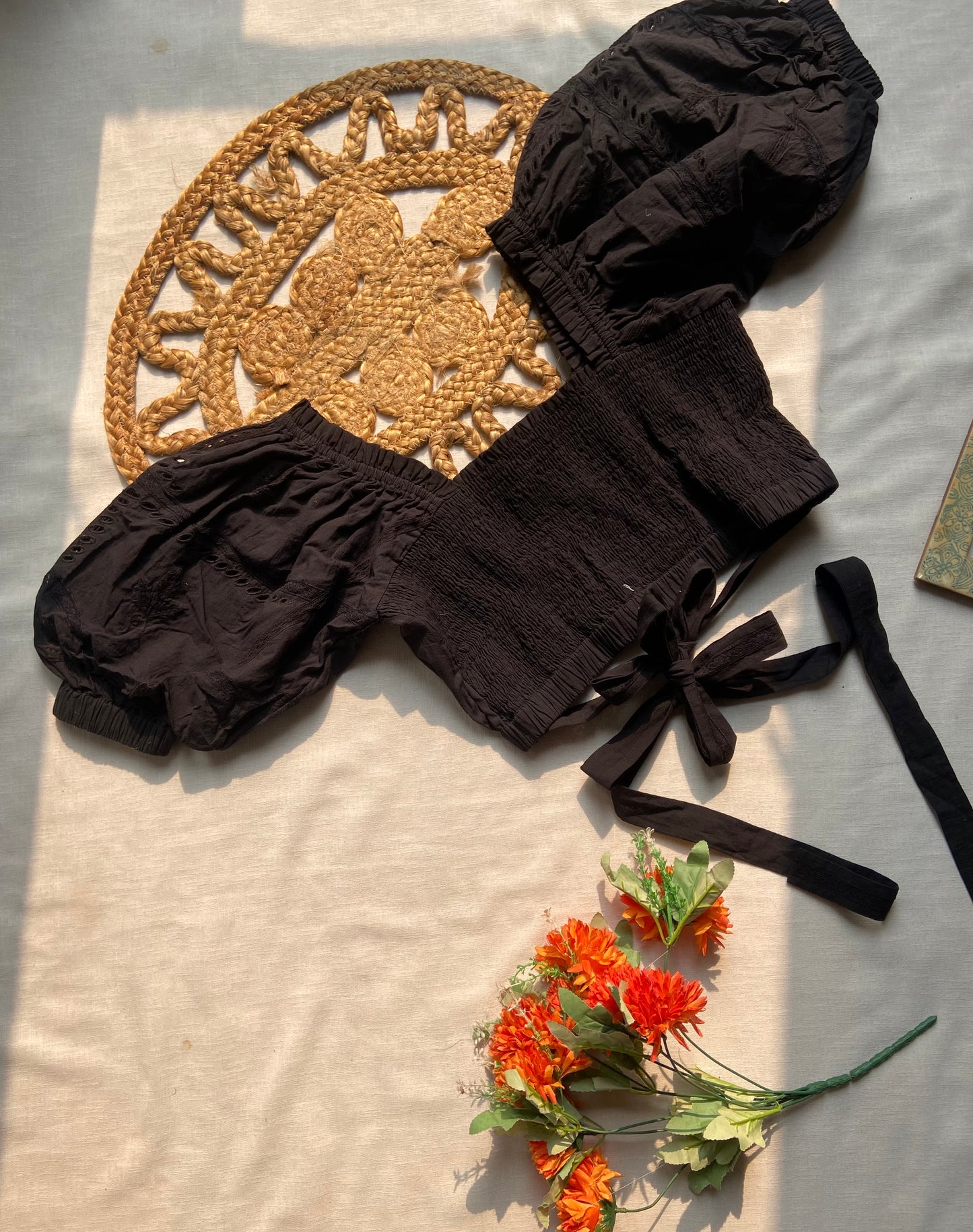 Black Cotton Puff Sleeve Embroidered Blouse for Women