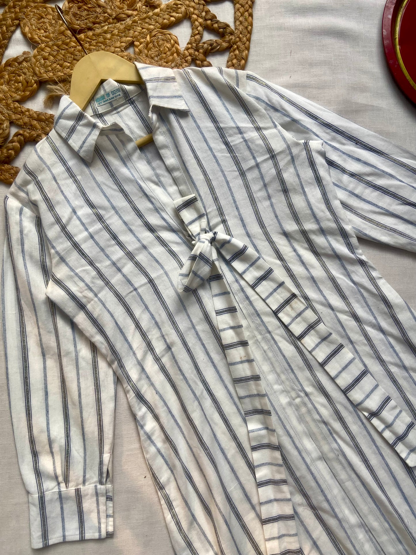 Women’s White Striped Shirt Dress with Waist Tie