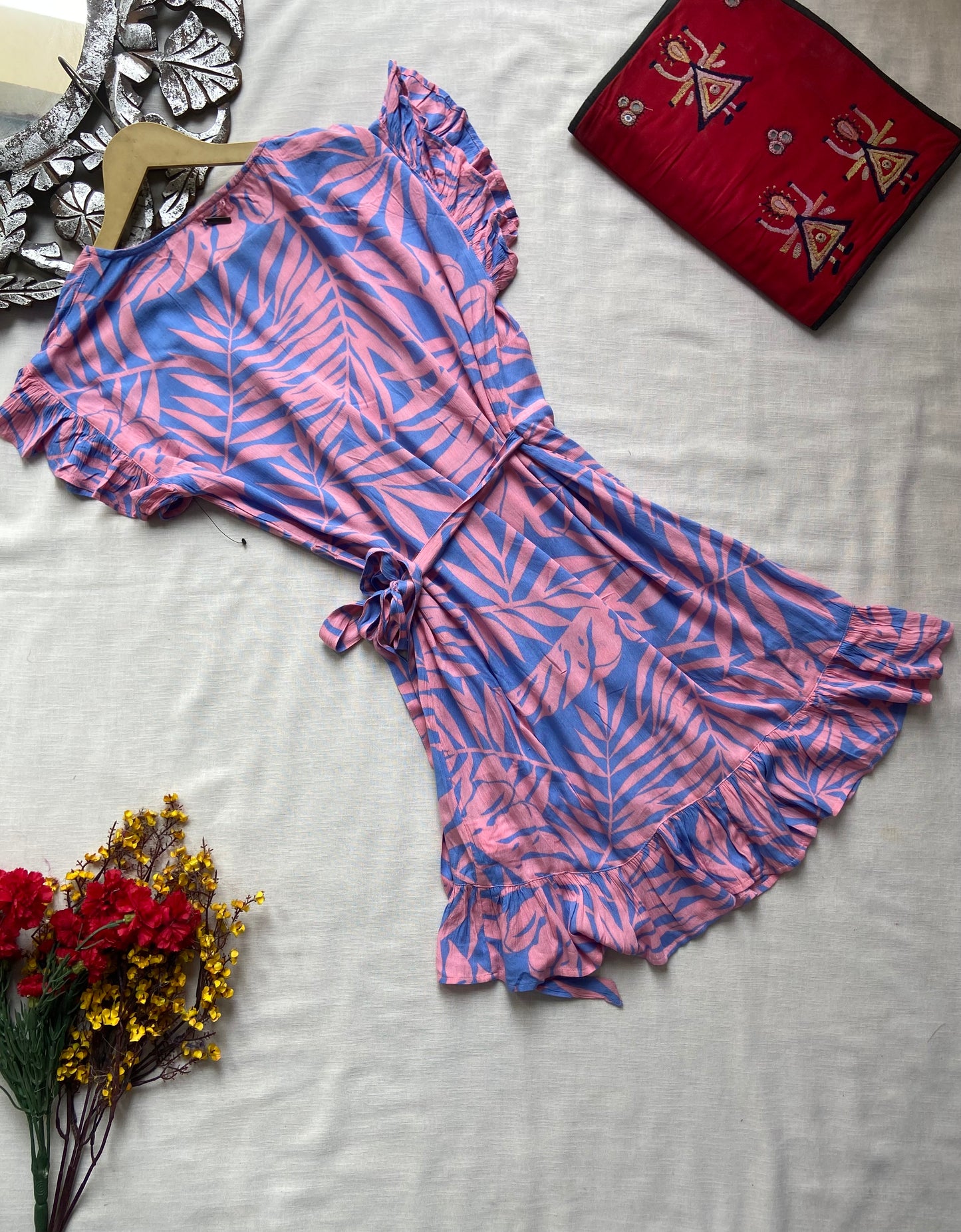 Pink And Blue Floral Wrap Mini Dress