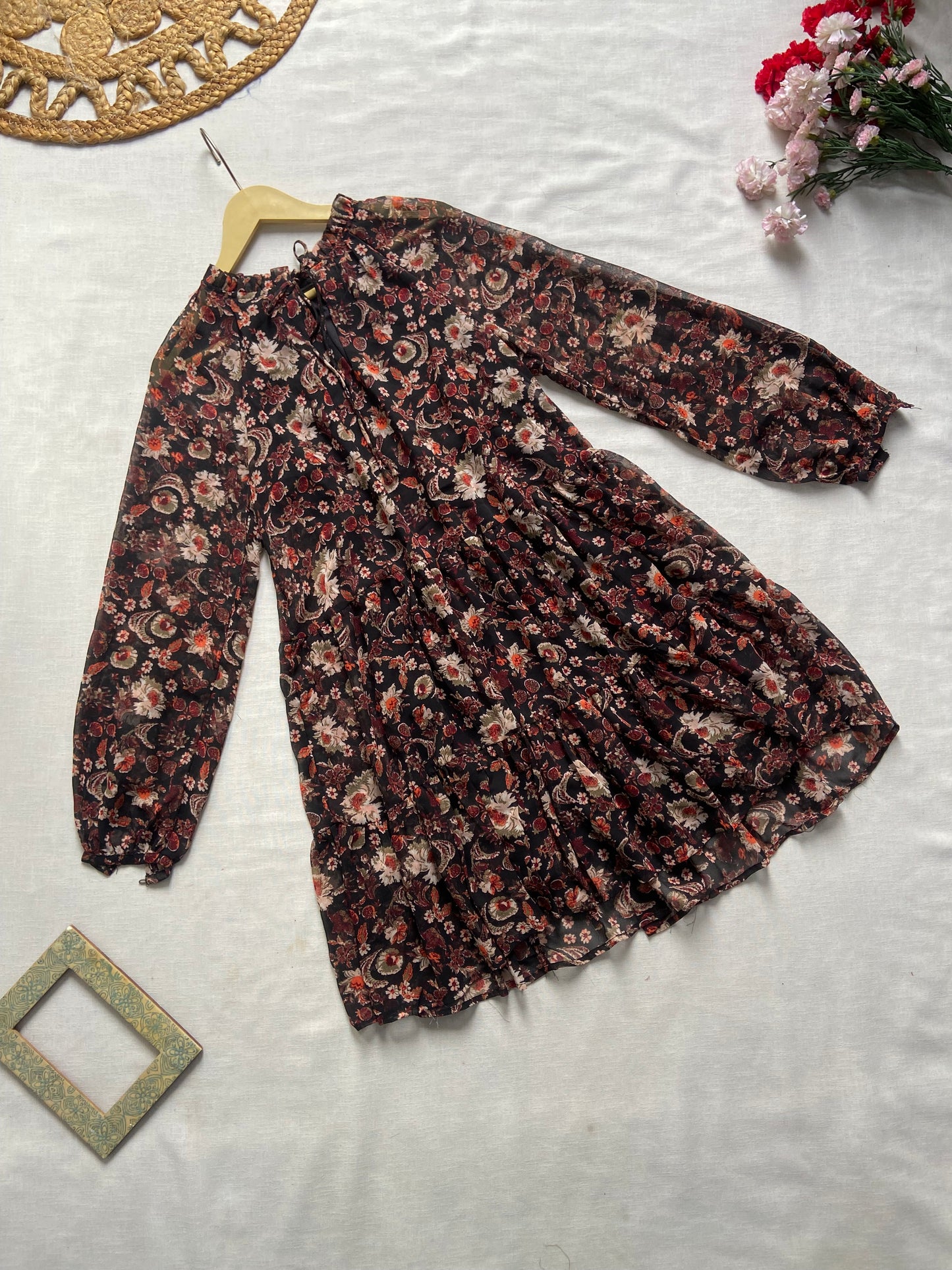 Black Floral Boho Beach Mini Dress