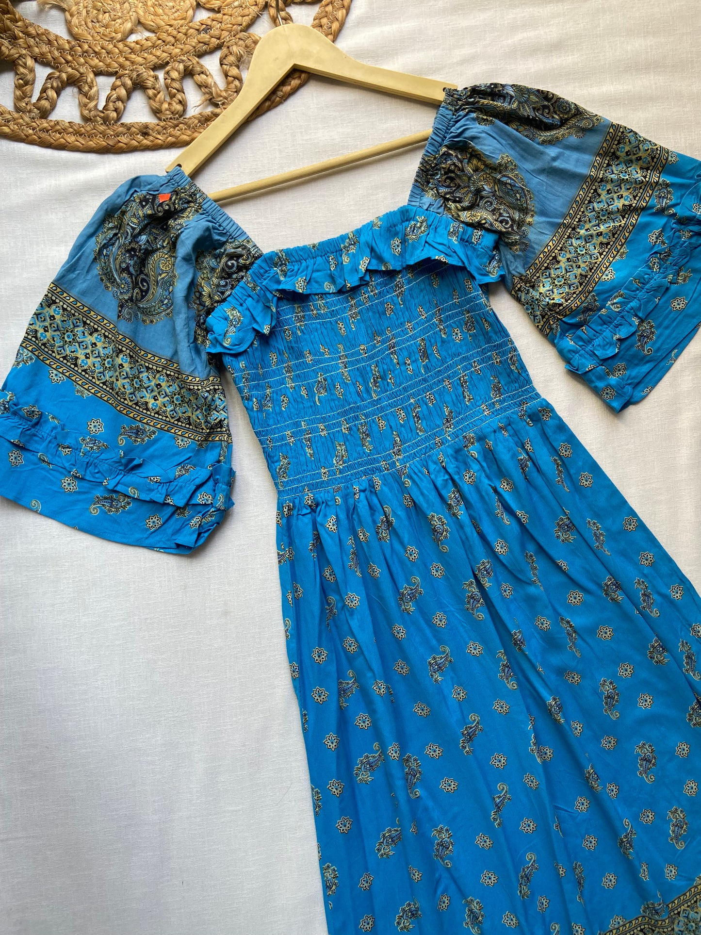 Bohemian Blue Printed Off-Shoulder Maxi Dress