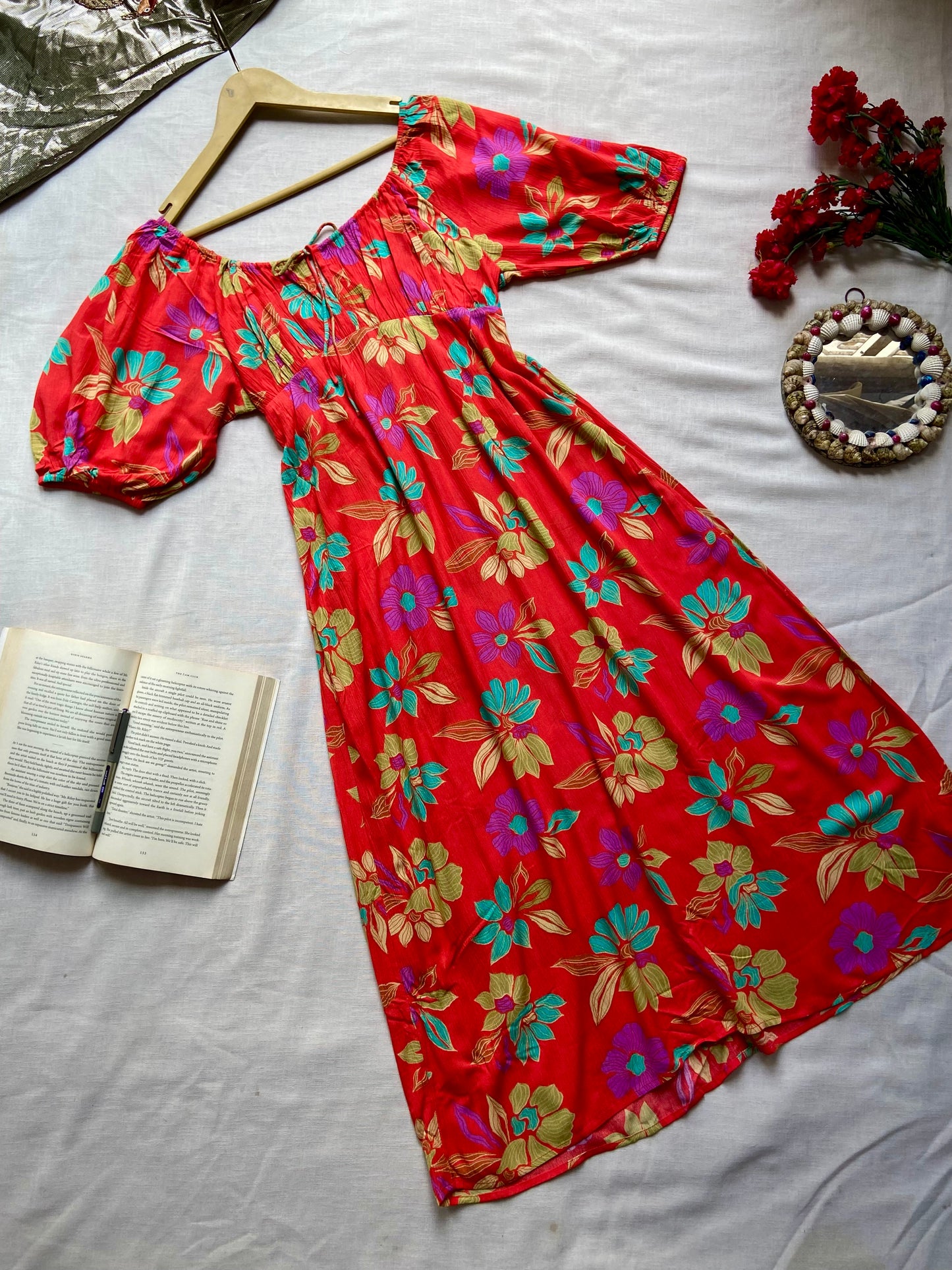 Red Off-Shoulder Floral Midi Dress