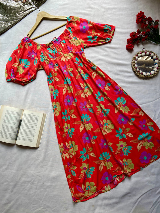 Red Off-Shoulder Floral Midi Dress