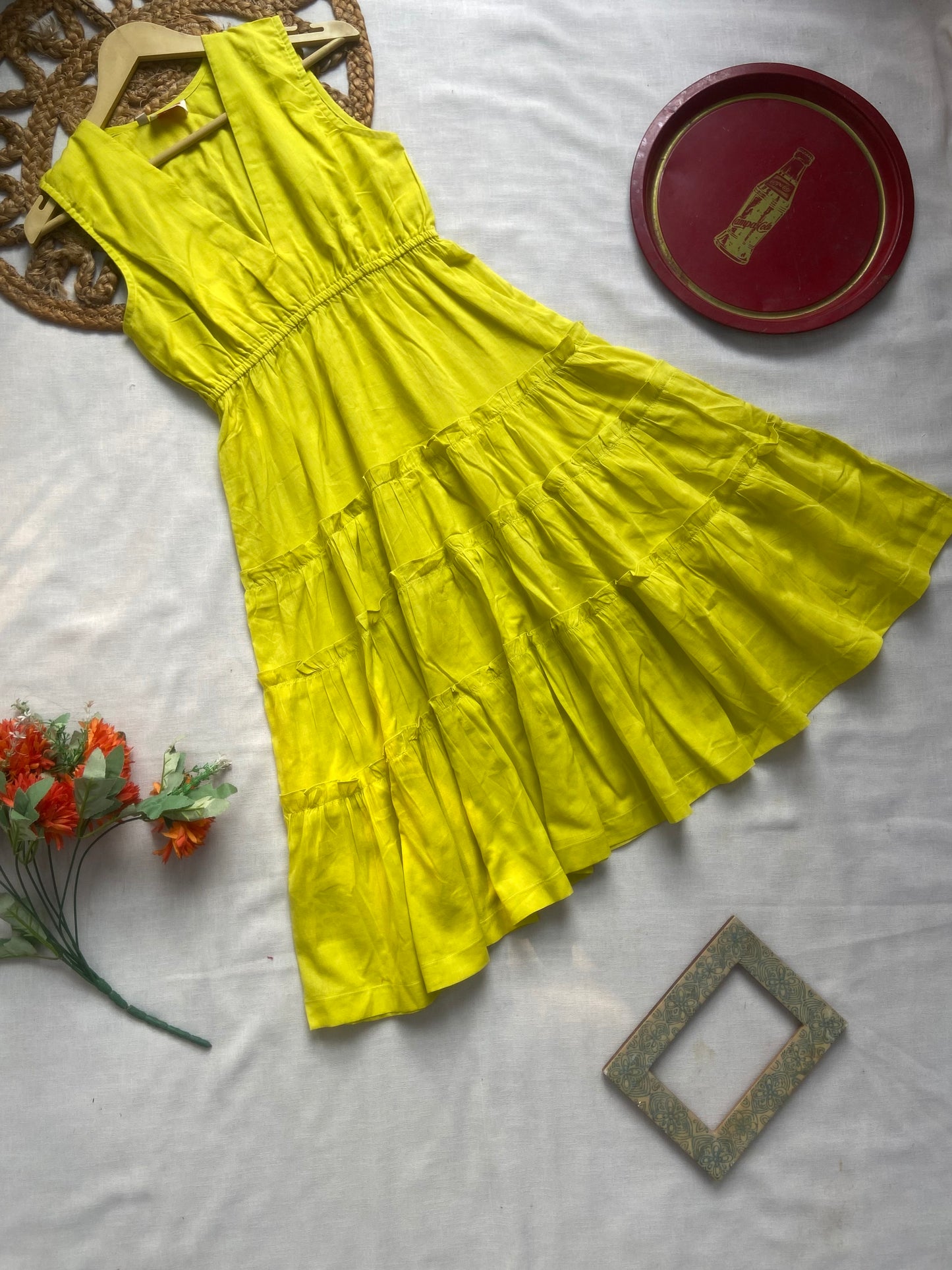 Yellow Sleeveless Tiered Midi Dress for Women