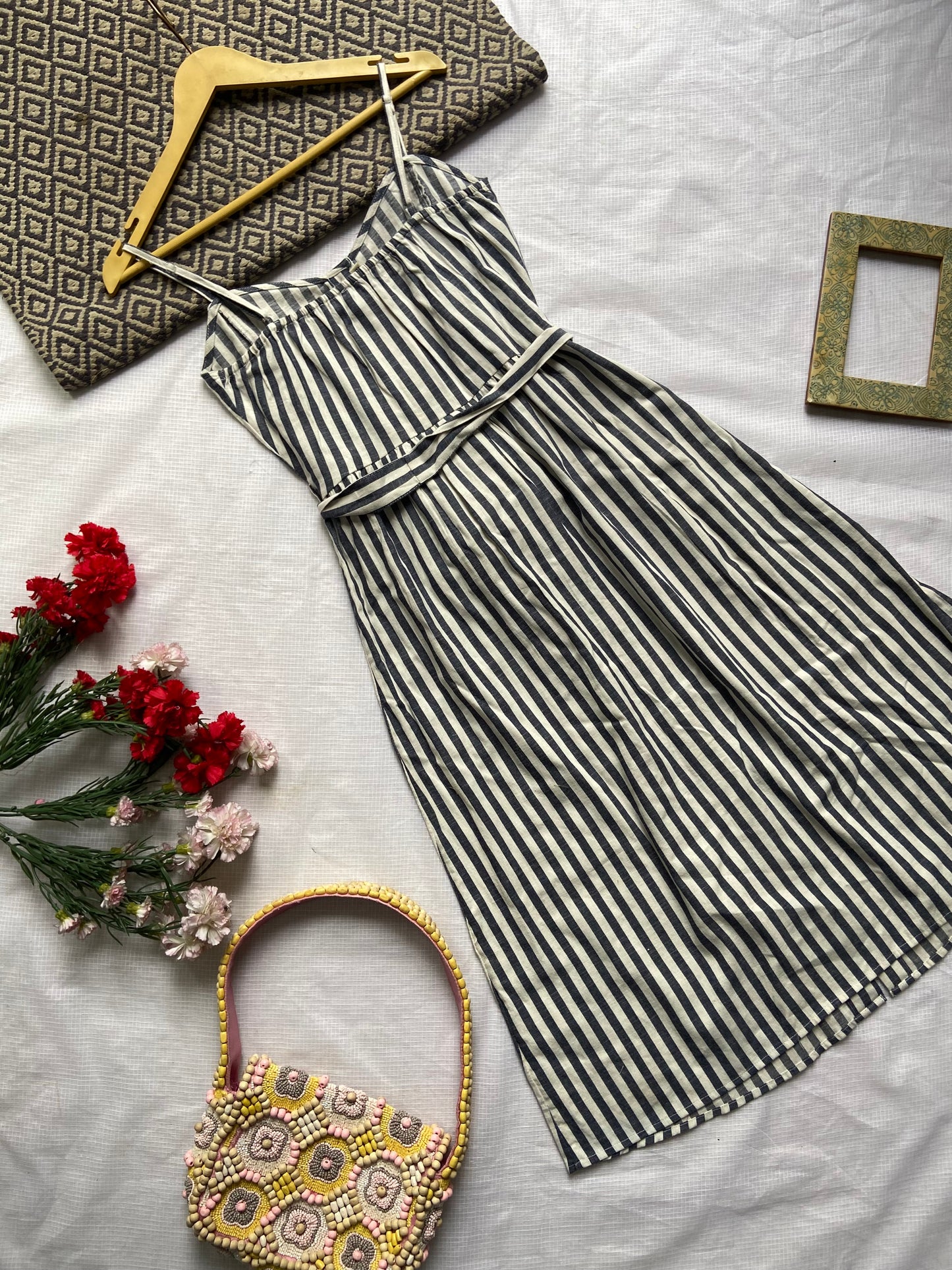 Striped Button-Down Midi Dress with Waist Tie