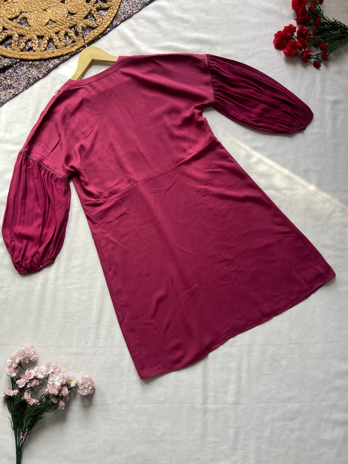 Elegant Burgundy Long Sleeve Tunic Dress with Lace Detail