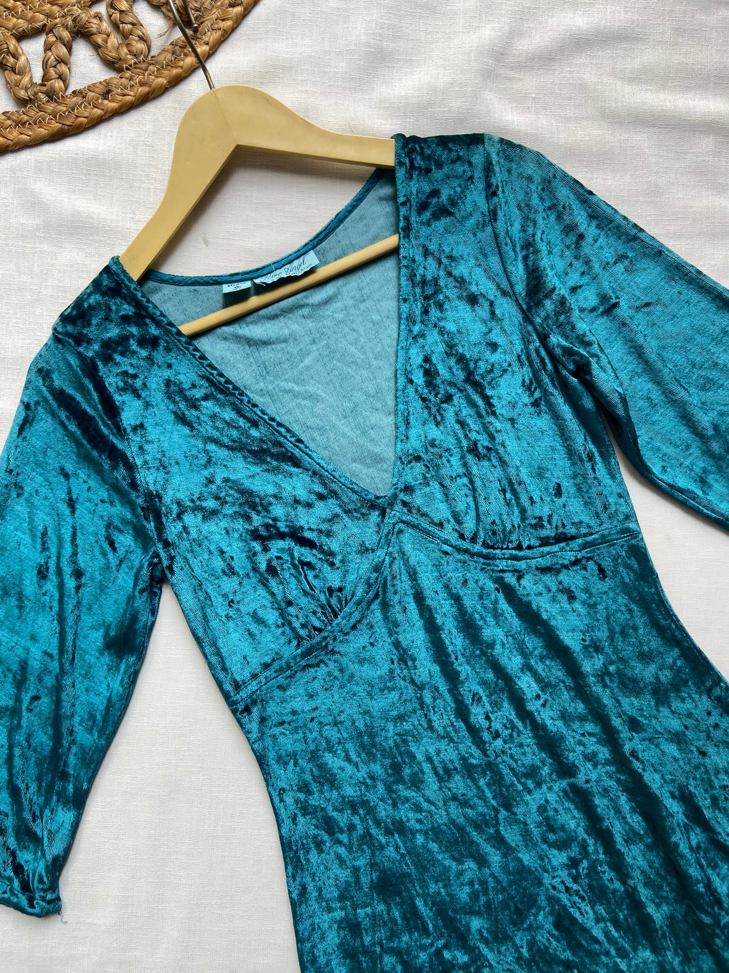 Teal Velvet Bodycon Mini Dress with V-Neck and 3/4 Sleeves