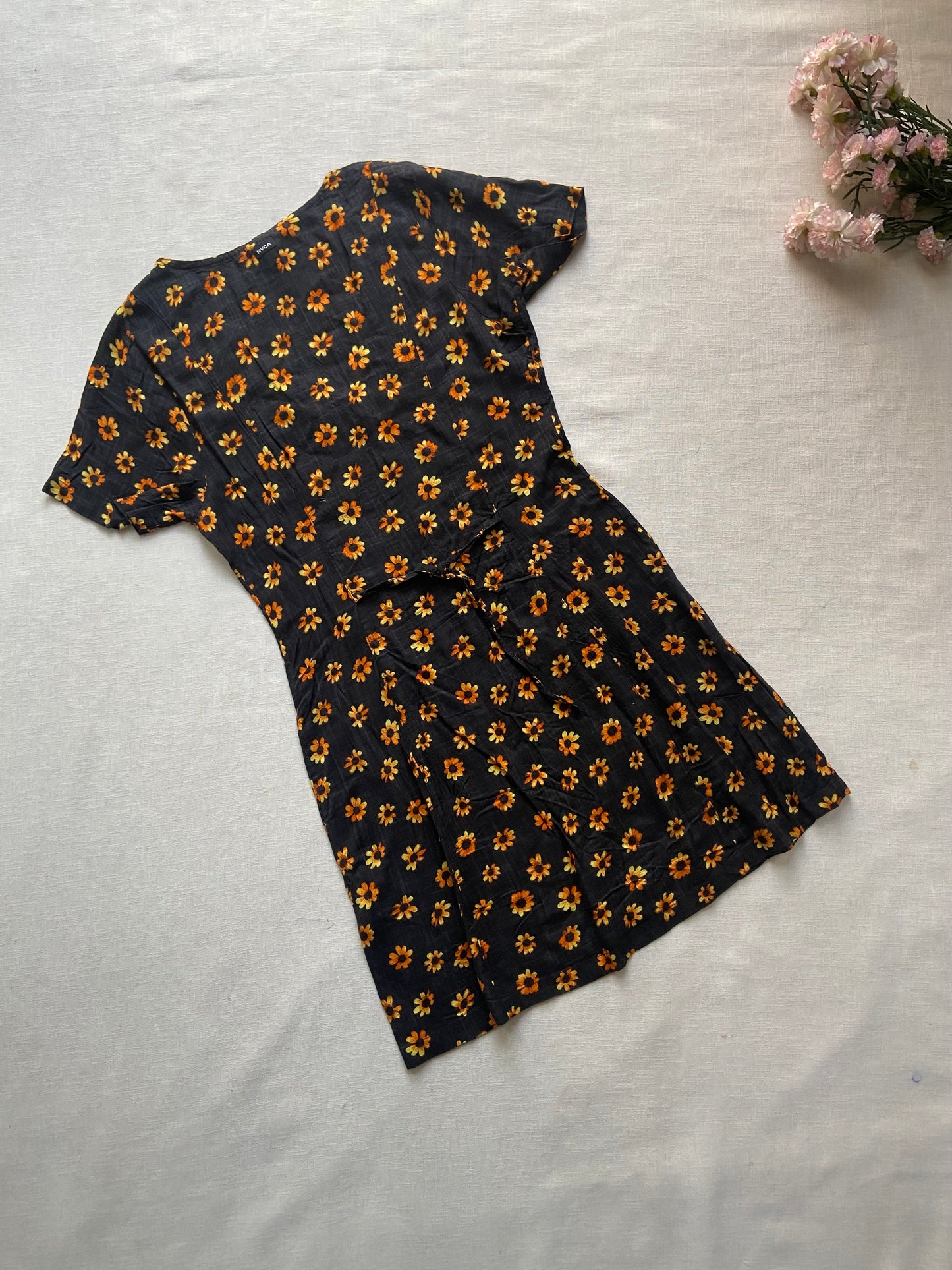 Black Floral V Neck Button Down Mini Dress