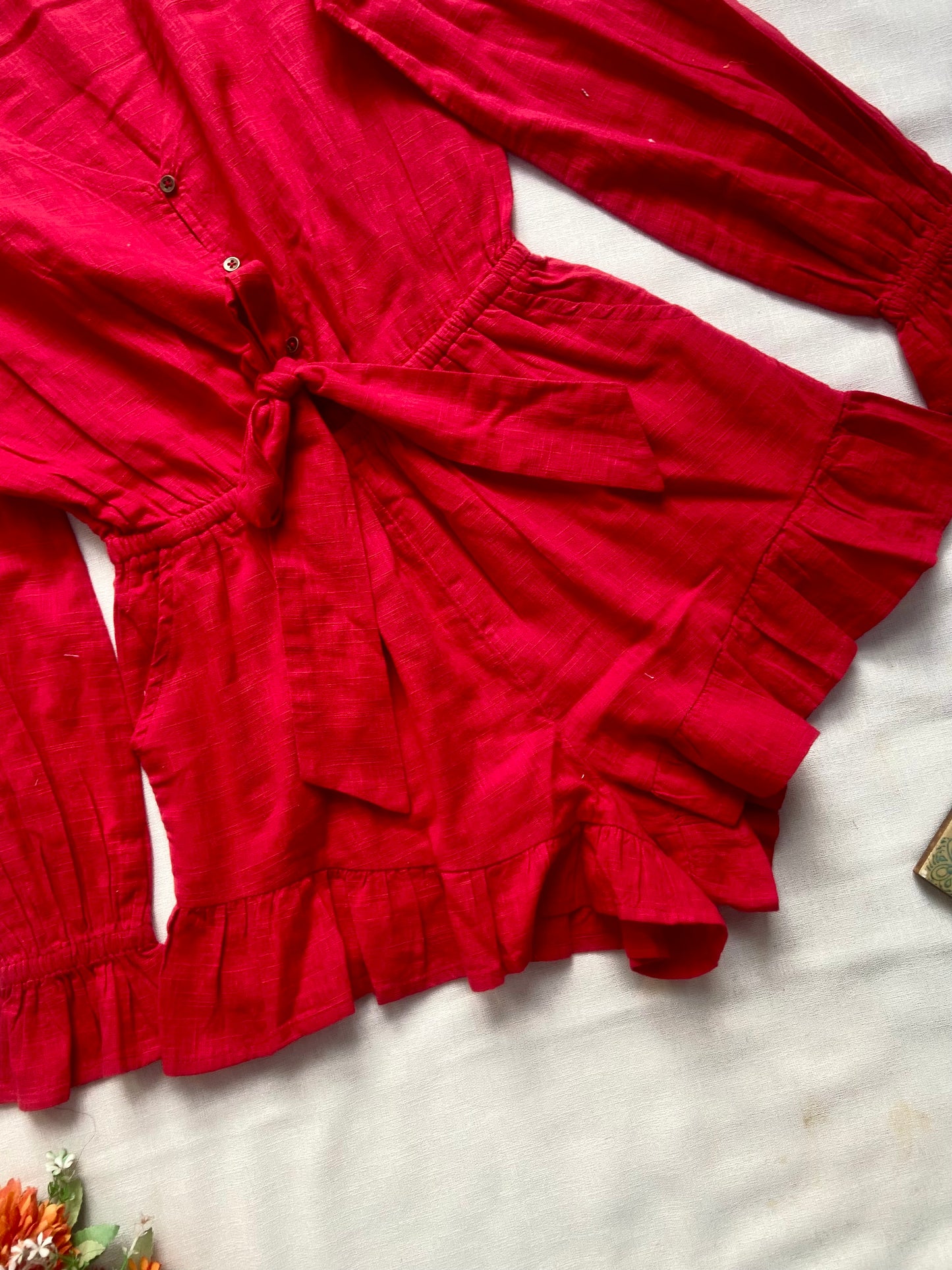 Women’s Red Ruffle Hem Romper with Long Sleeves