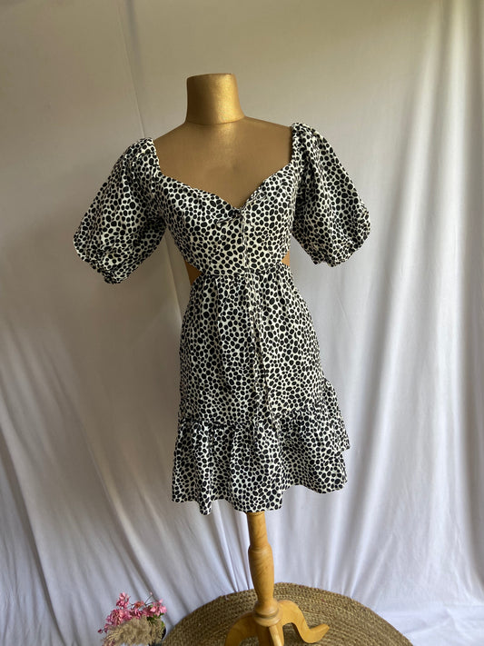Polka Dot Puff Sleeve Dress with Front Cut-Out and Tiered Hem
