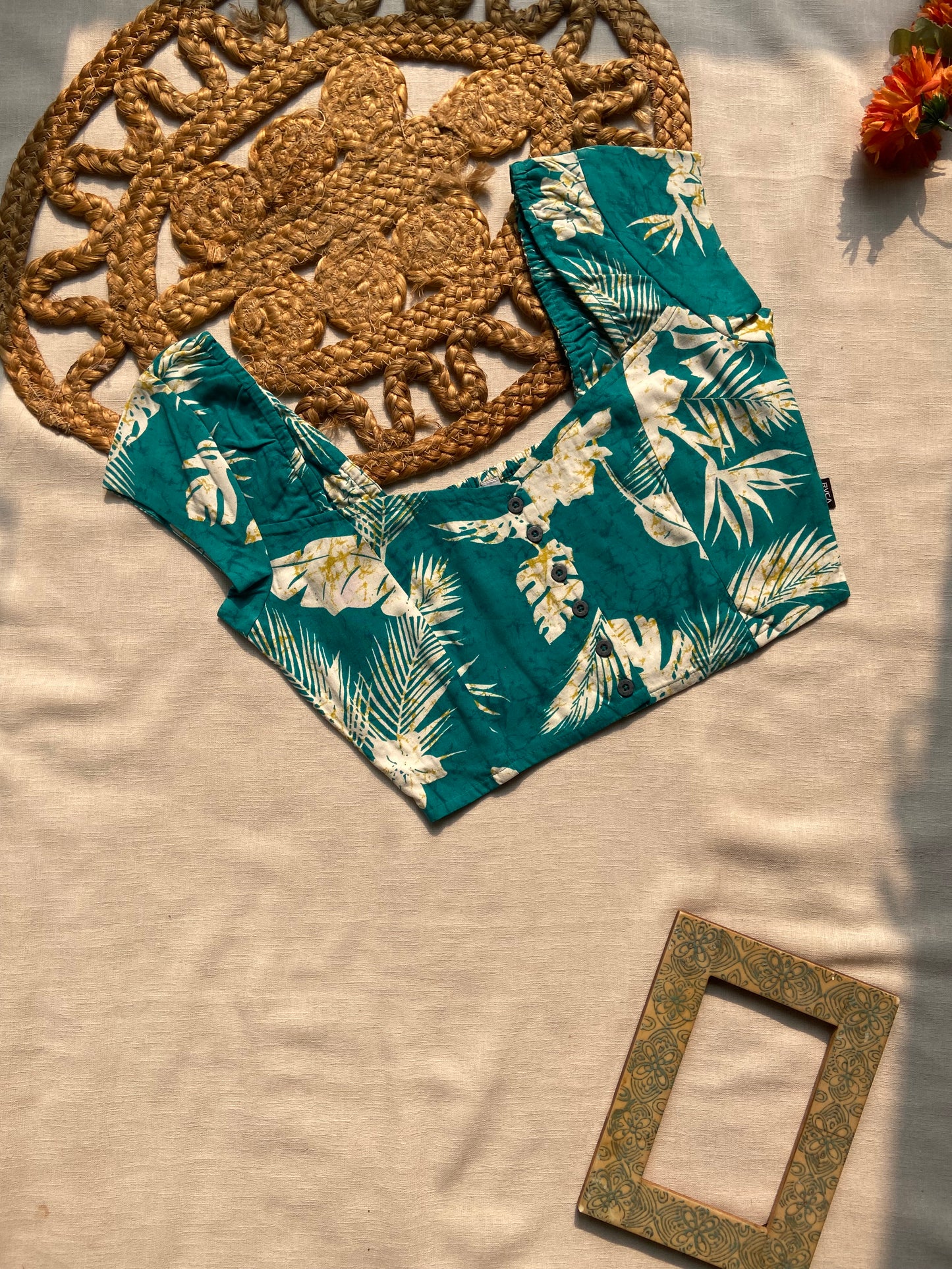 Tropical Green Floral Cotton Blouse for Women