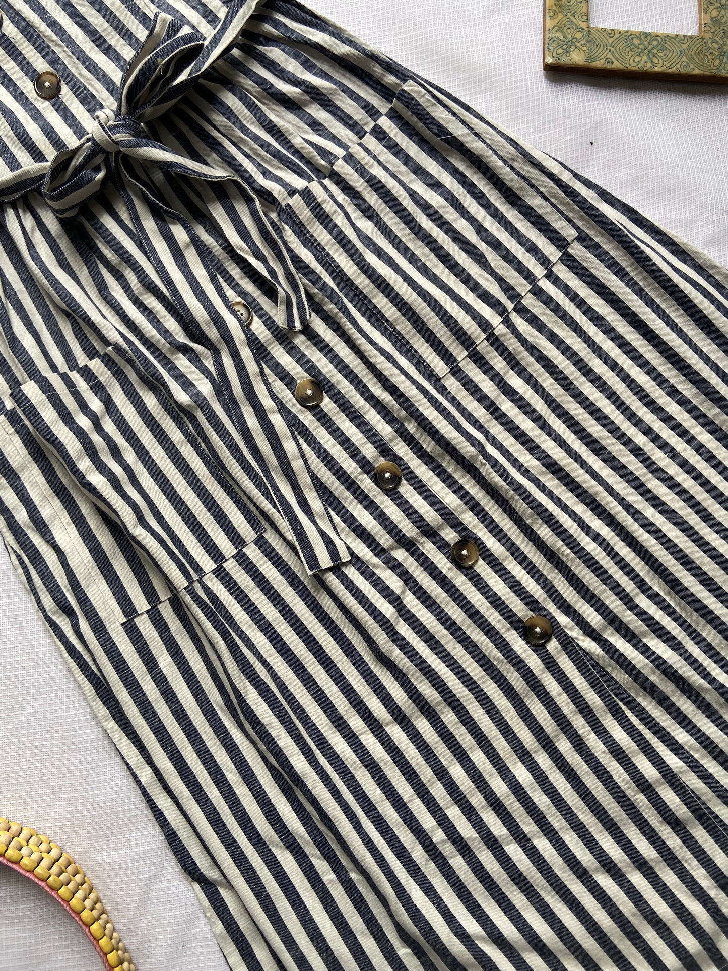 Striped Button-Down Midi Dress with Waist Tie