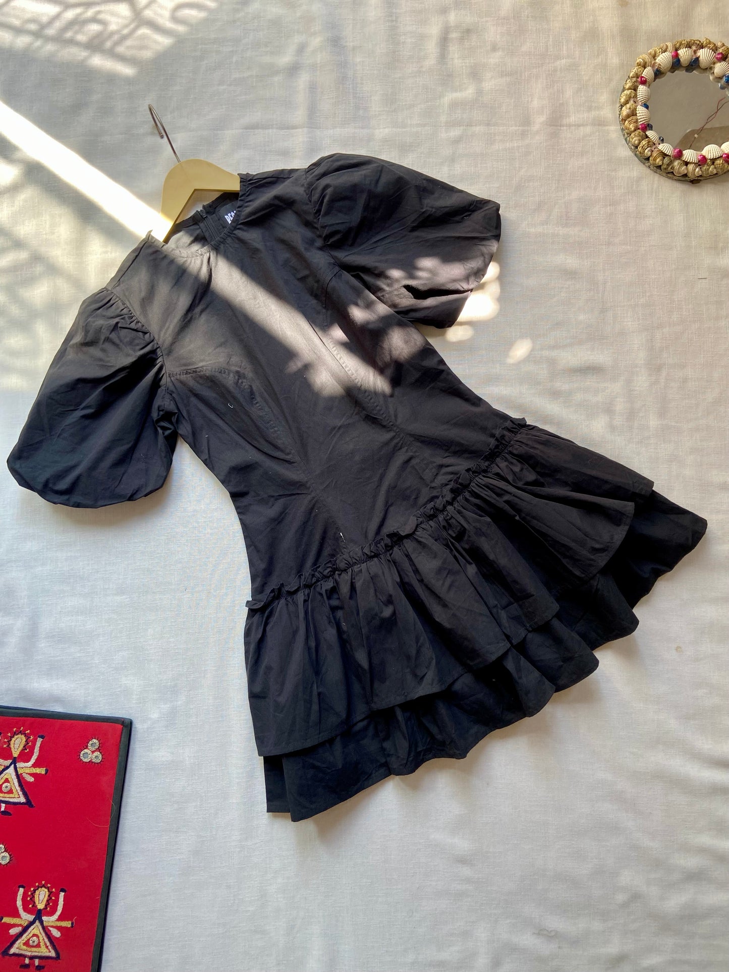 Black Puff Sleeve Ruffle Dress