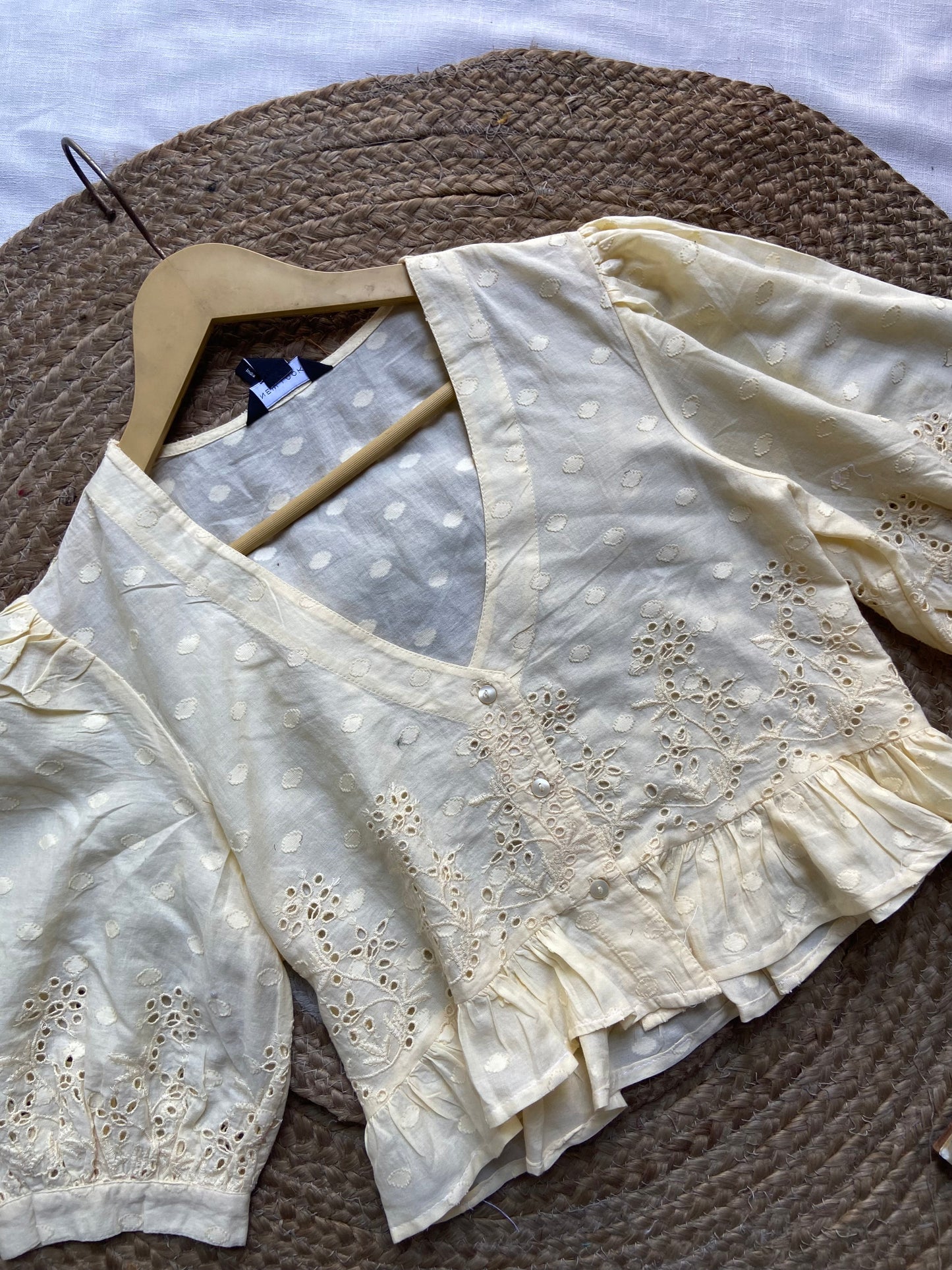 Women's Light Yellow Embroidered Cotton Crop Top – Puff Sleeve with Lace Detailing