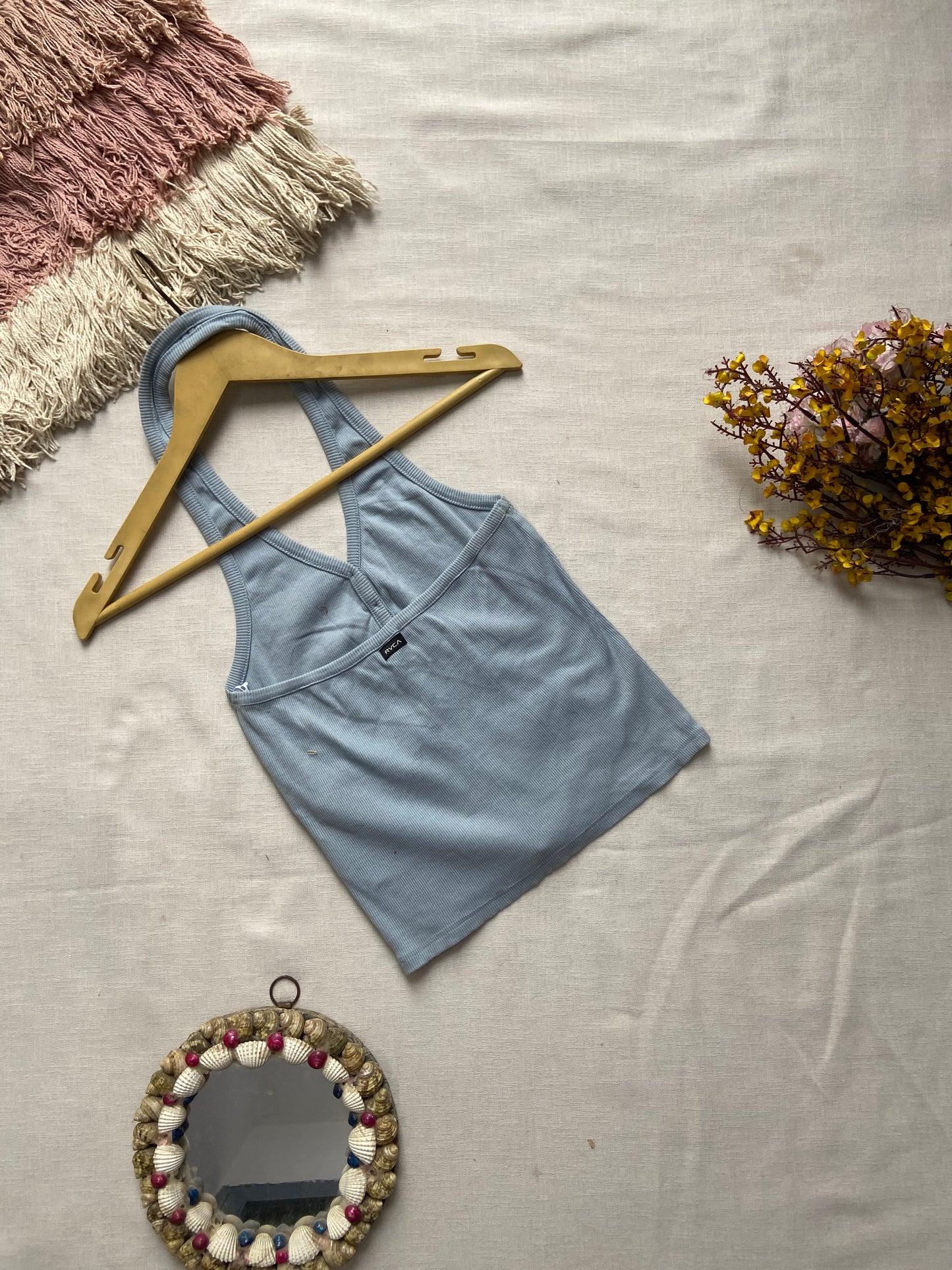 Sky Blue Ribbed Halter Neck Crop Top