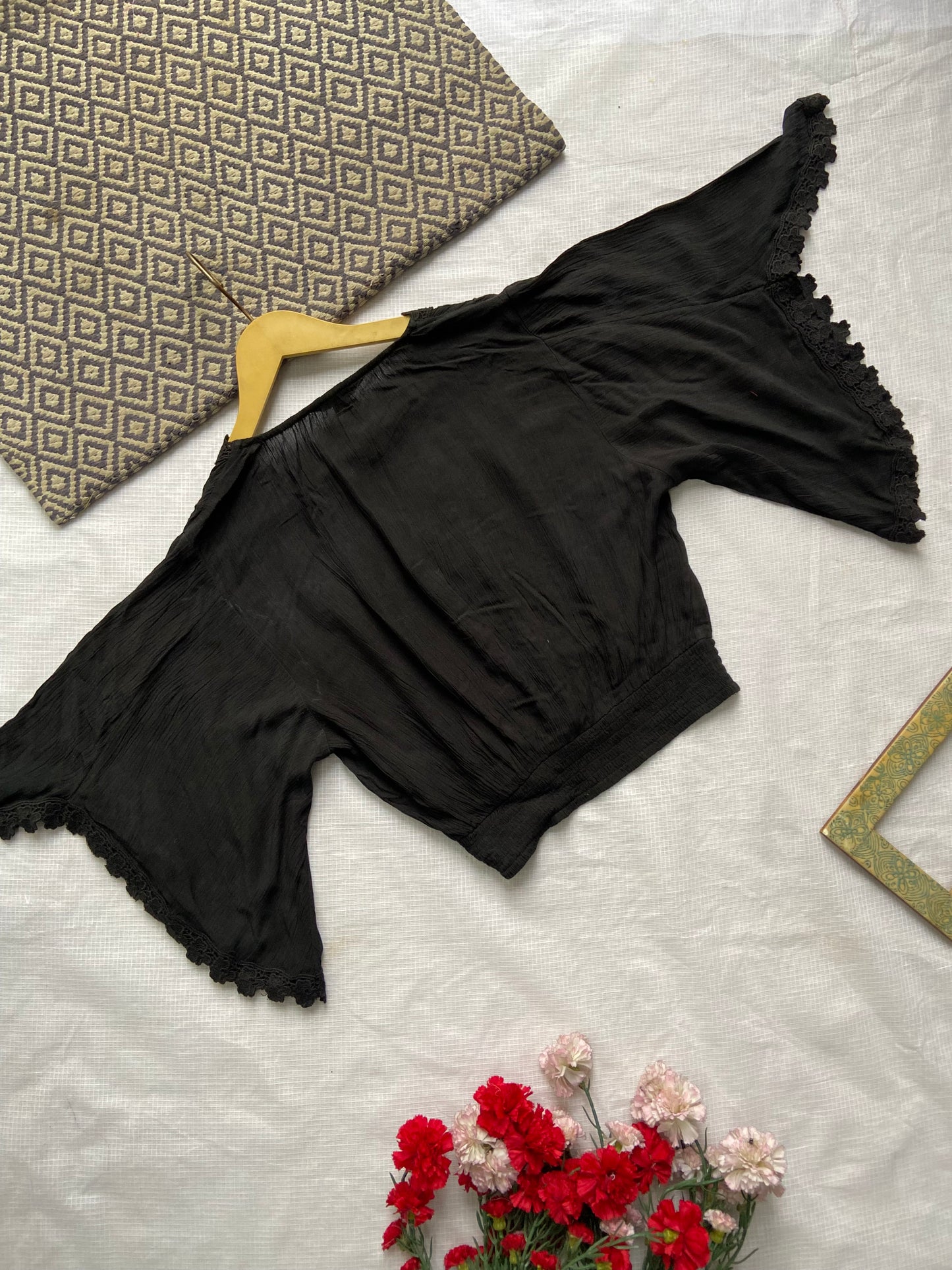 Women's Black Boho V-Neck Top with Bell Sleeves & Lace Detailing