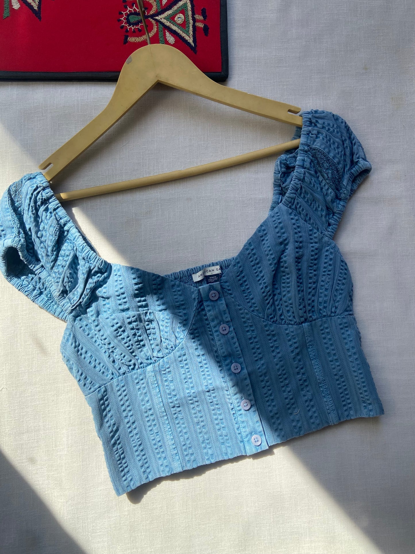 Blue Puff Sleeve Eyelet Button-Up Crop Top