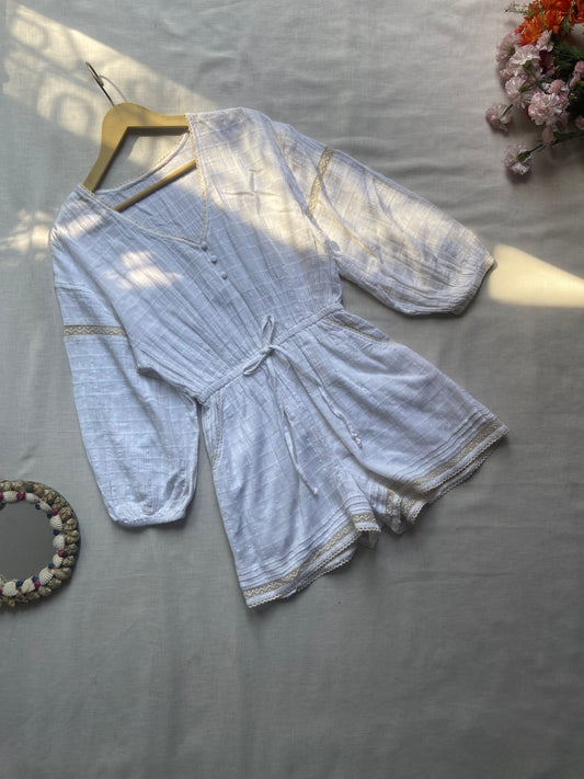 White Boho Lace-Trim Romper