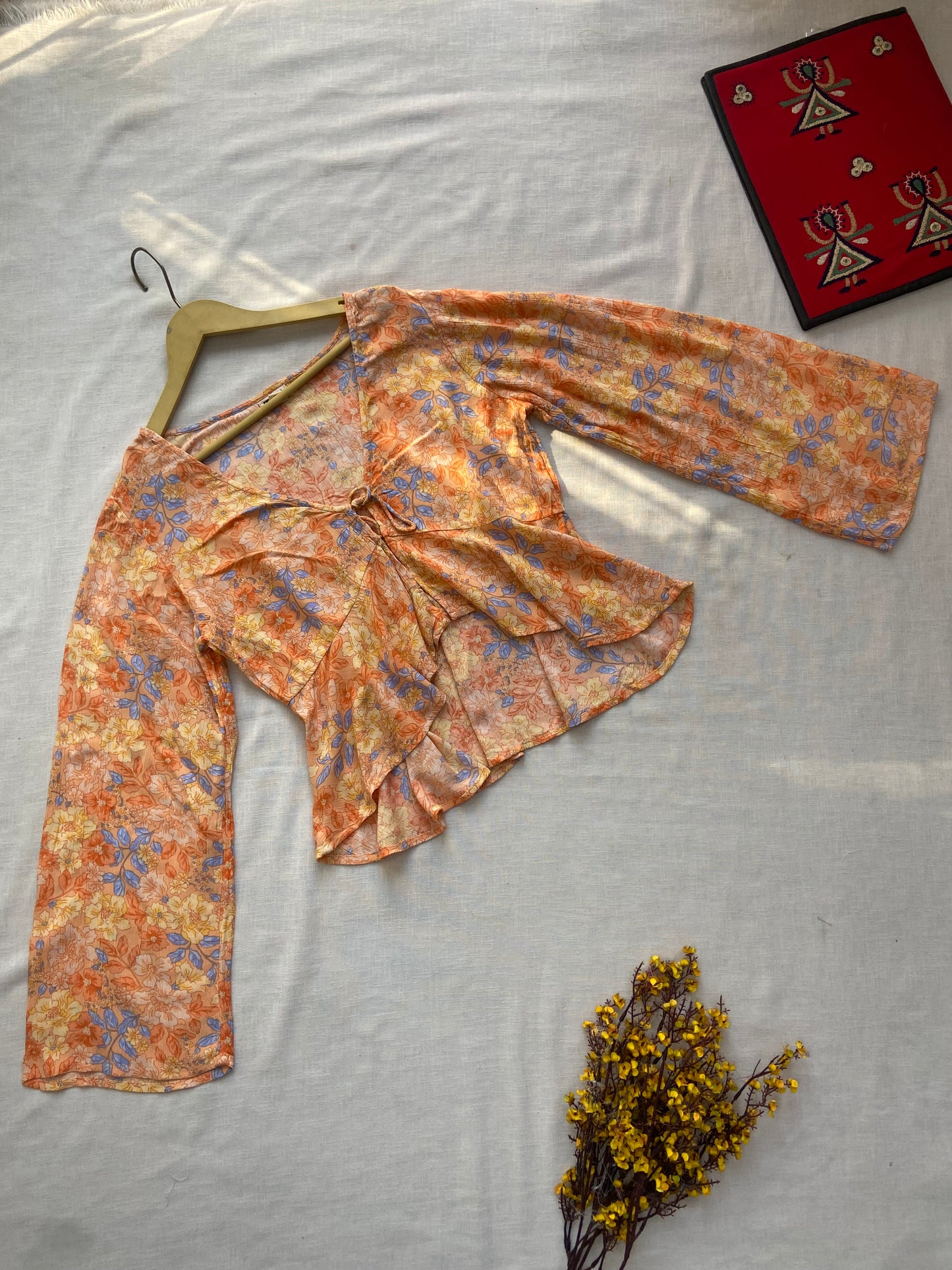 Floral Sheer Bell Sleeve Tie-Front Blouse