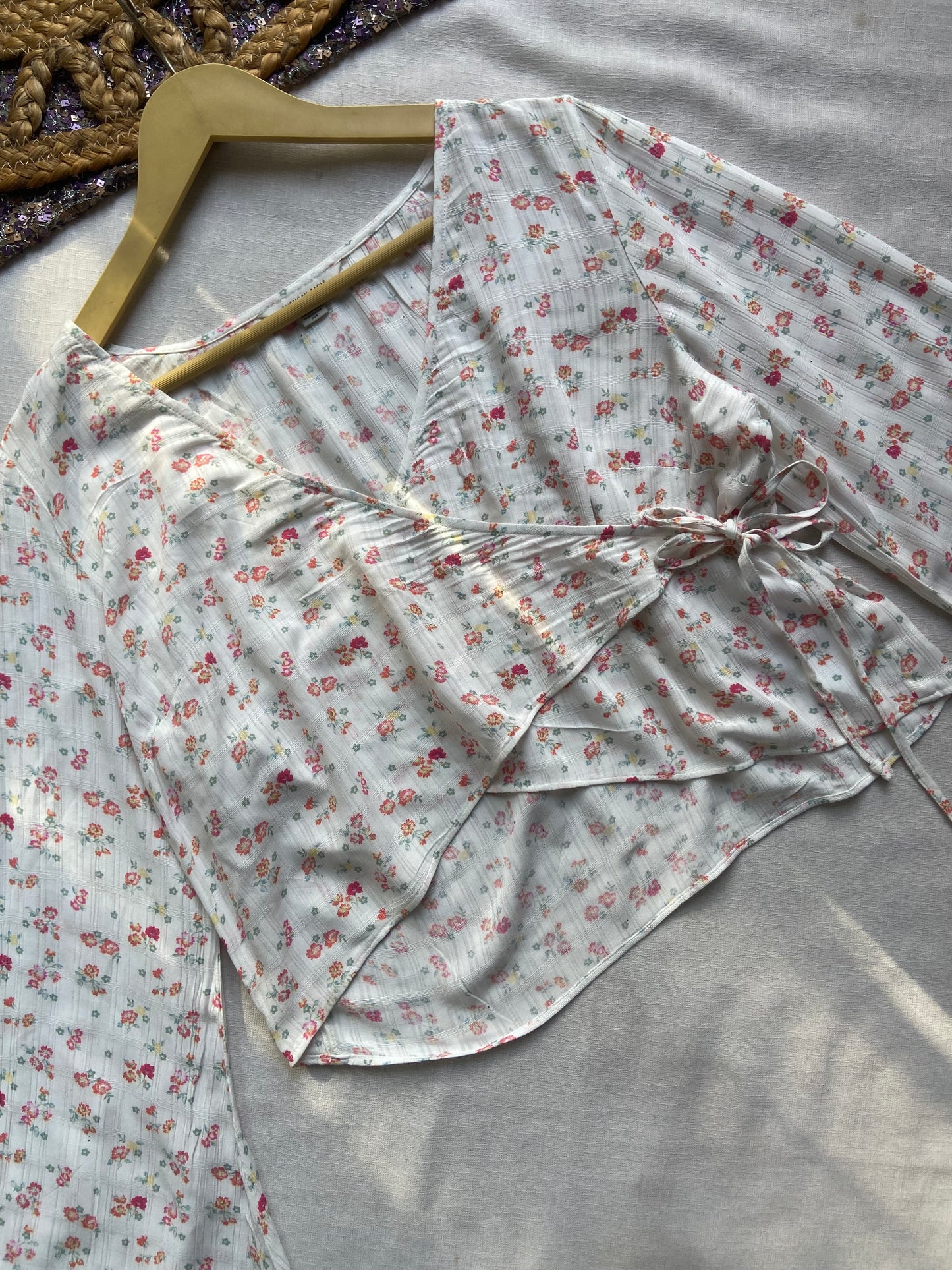 Floral Wrap Top with Flared Sleeves – White & Pink