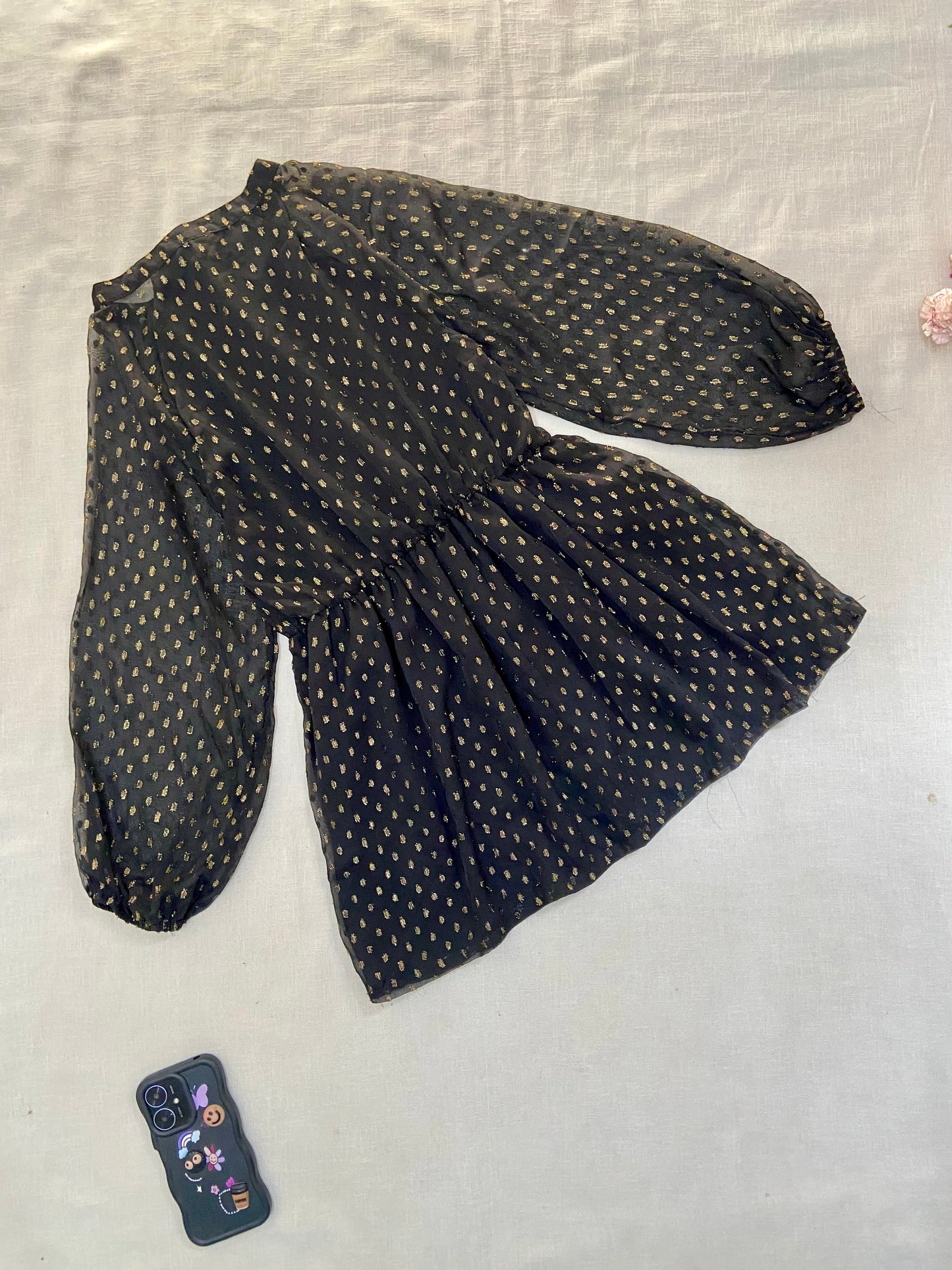 Sheer Black Mini Dress with Gold Print and Puff Sleeves