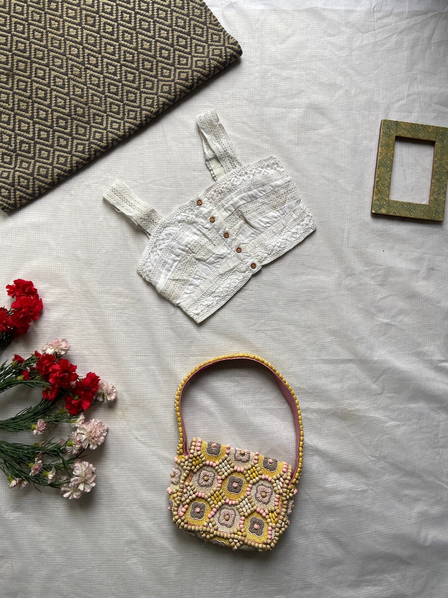 Handcrafted Beaded Floral Mini Bag with White Lace Crop Top