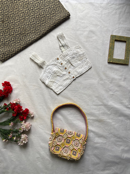 Handcrafted Beaded Floral Mini Bag with White Lace Crop Top