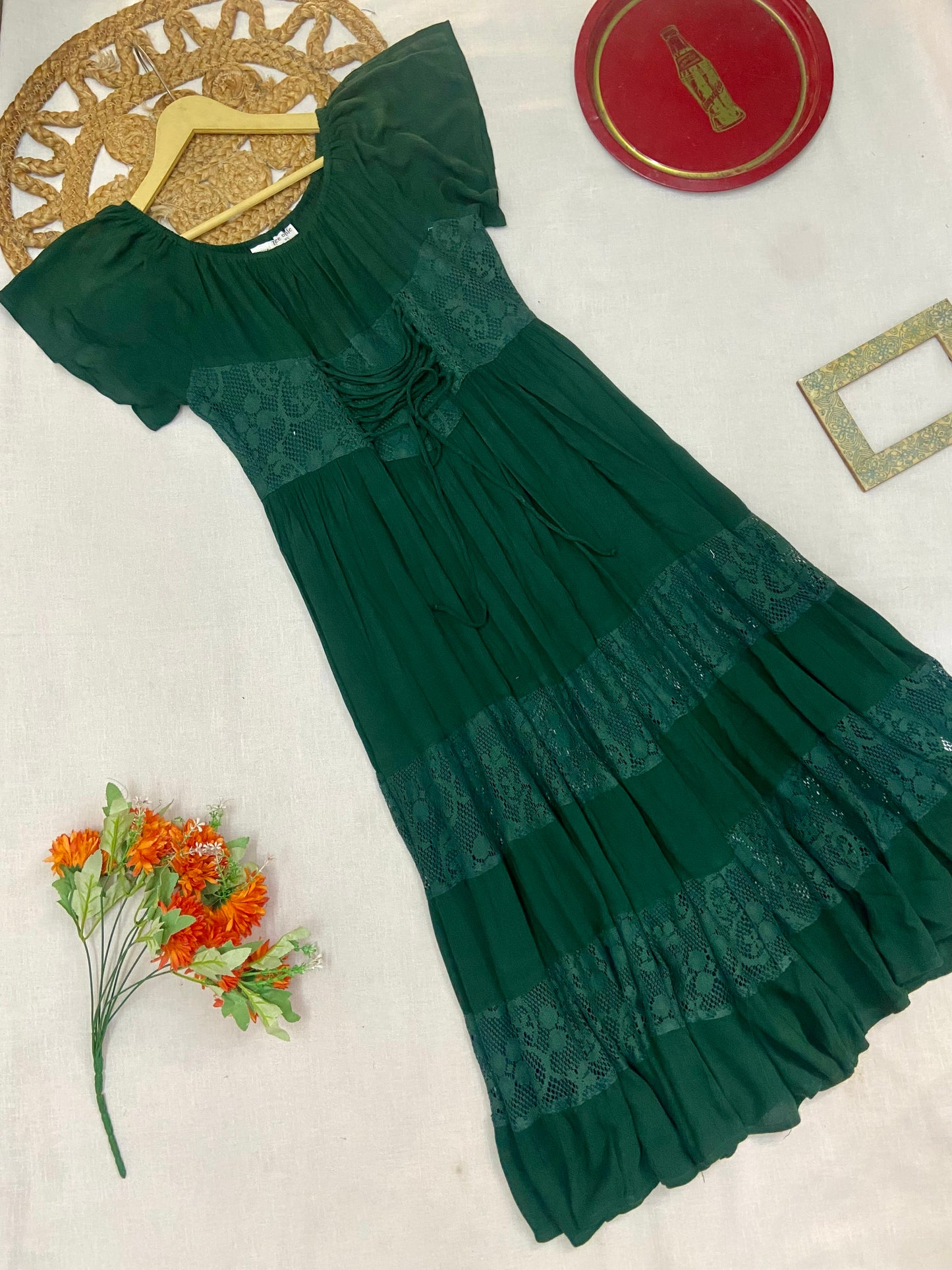 Women’s Dark Green Midi Dress with Lace Detailing