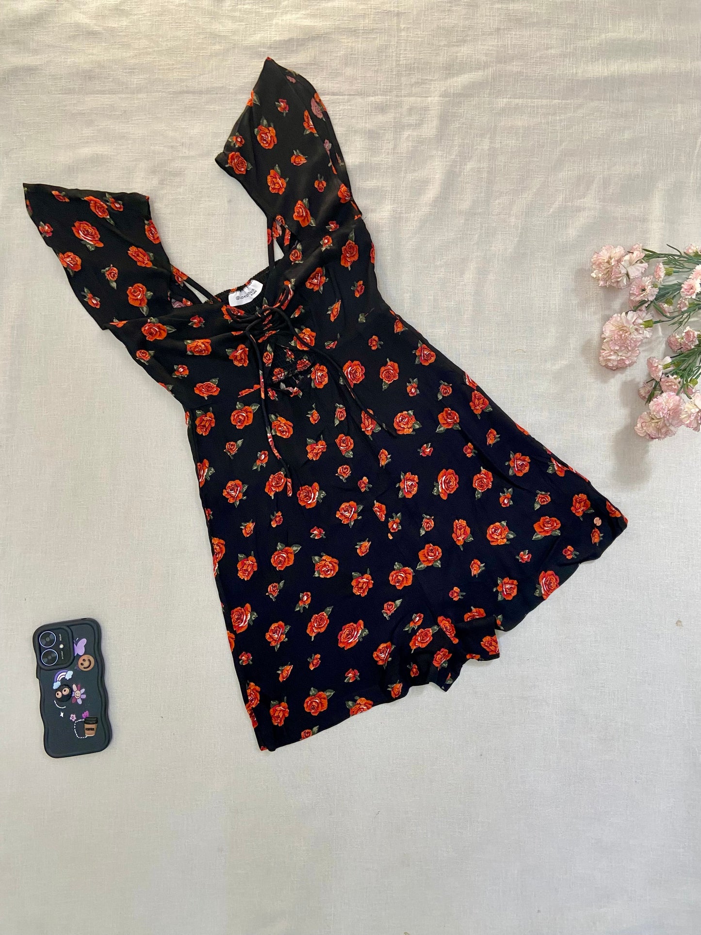 Floral Print Black Romper with Lace-Up Front