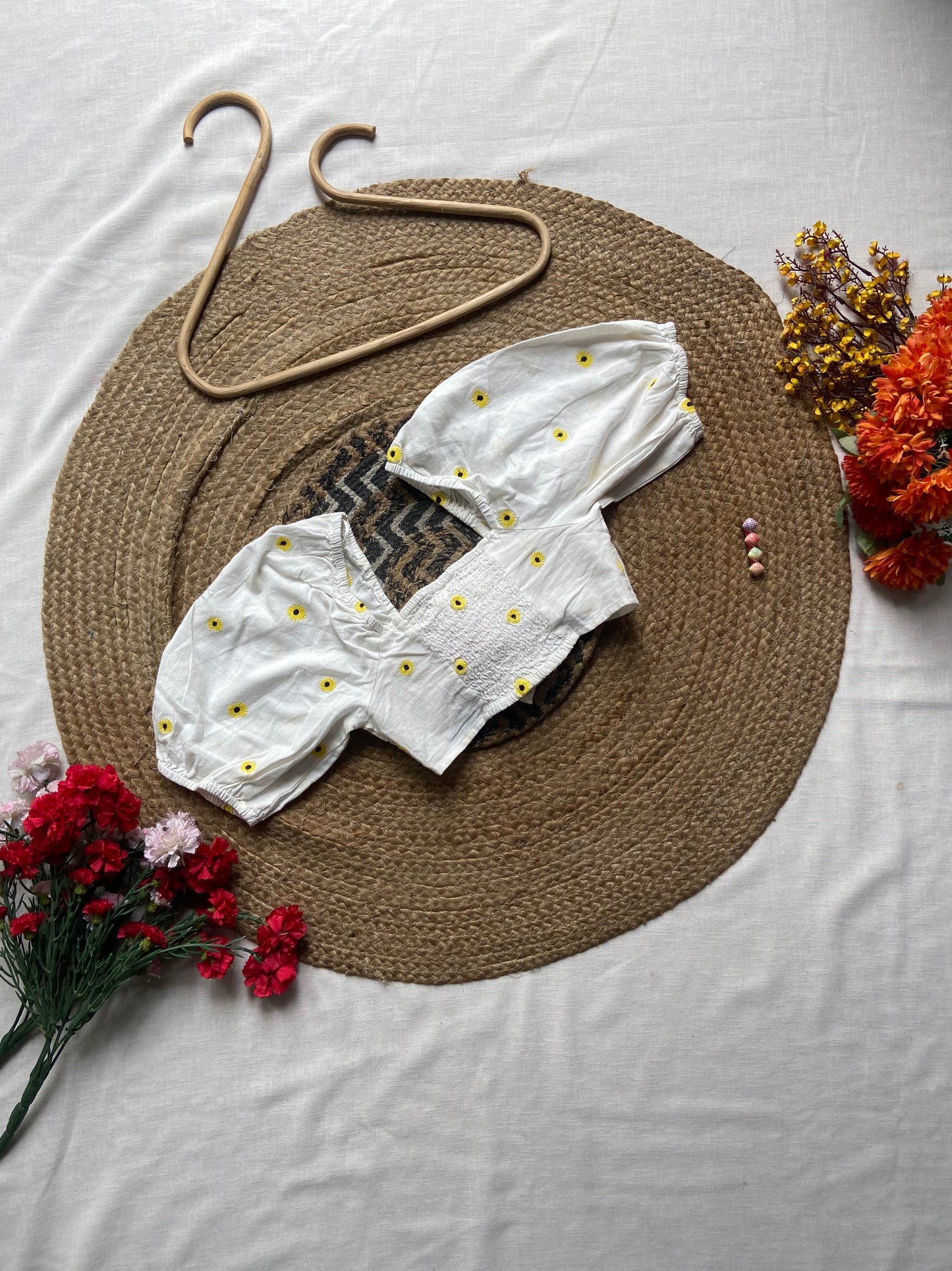 Girls' White Front-Knot Crop Top with Yellow Floral Embroidery