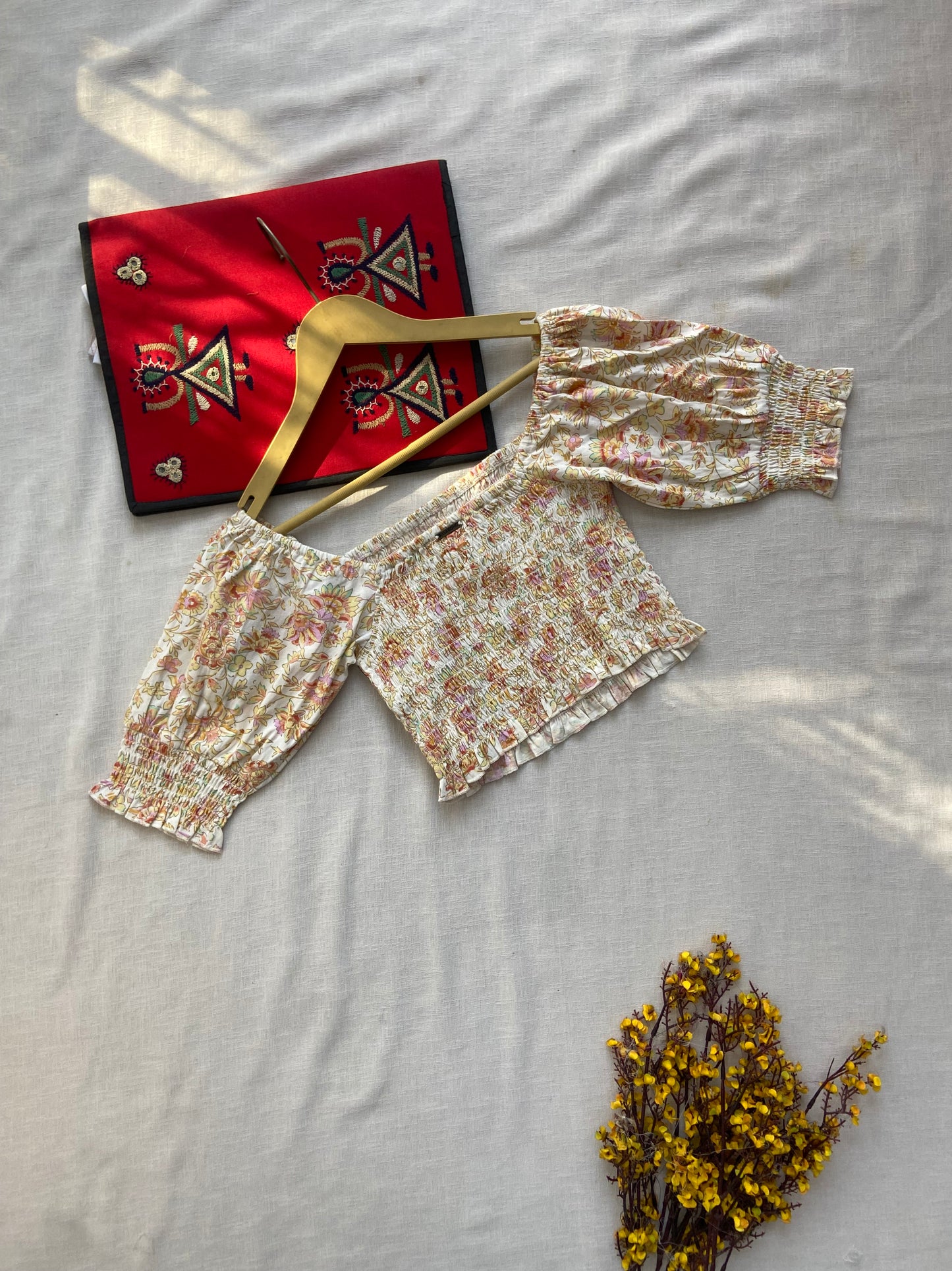 Floral Smocked Crop Top with Puff Sleeves