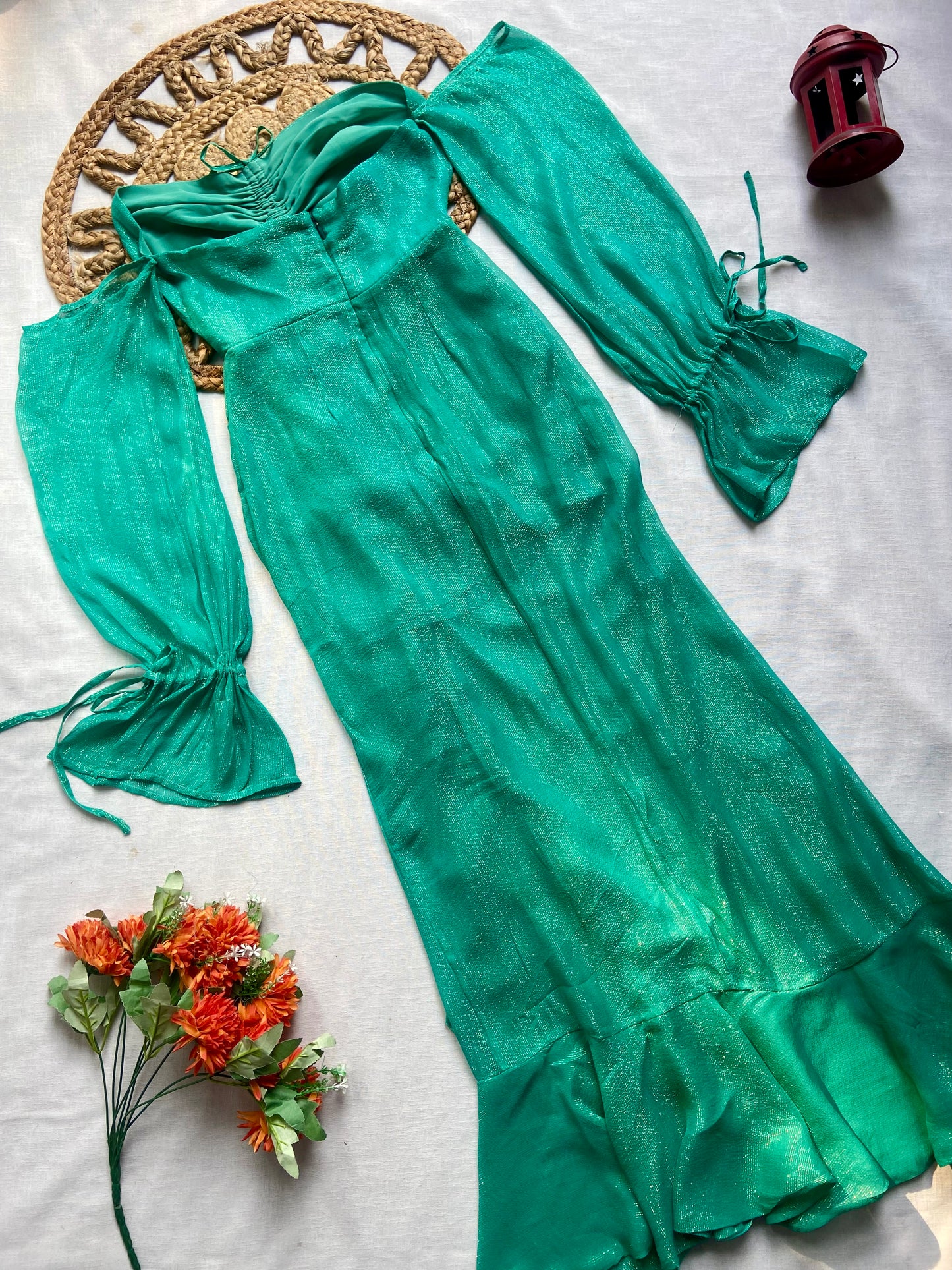 Women’s Green Satin Bodycon Maxi Dress with Ruffle Detail