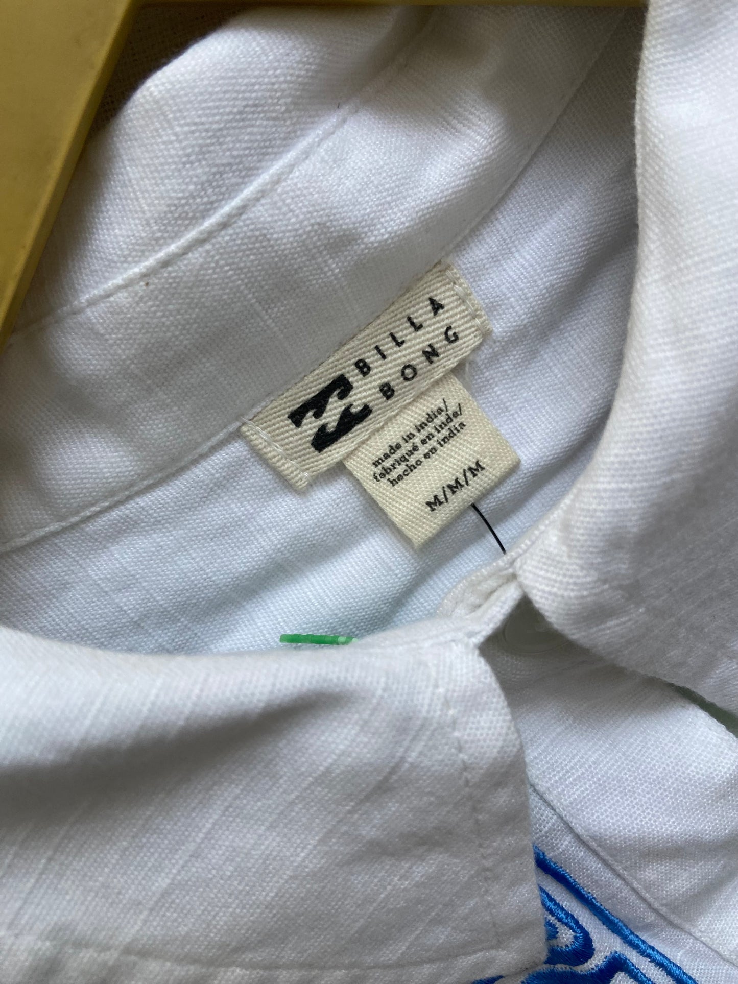 Men's White Cotton Shirt with Blue Geometric Embroidery