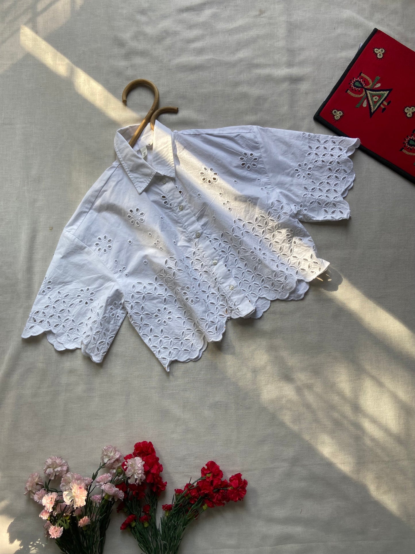 White Embroidered Eyelet Crop Shirt