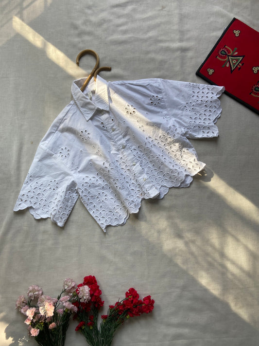 White Embroidered Eyelet Crop Shirt
