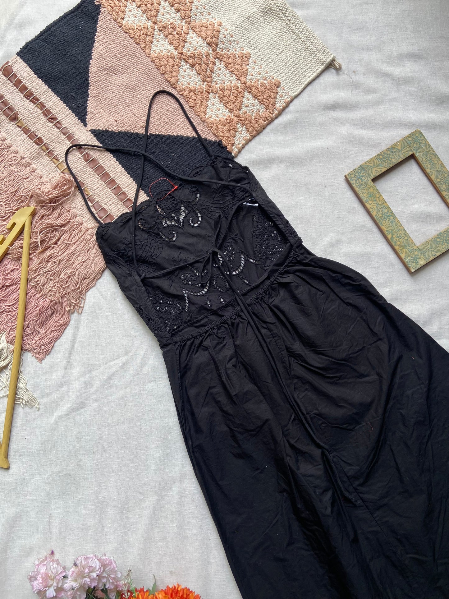 Elegant Black Embroidered Spaghetti Strap Dress