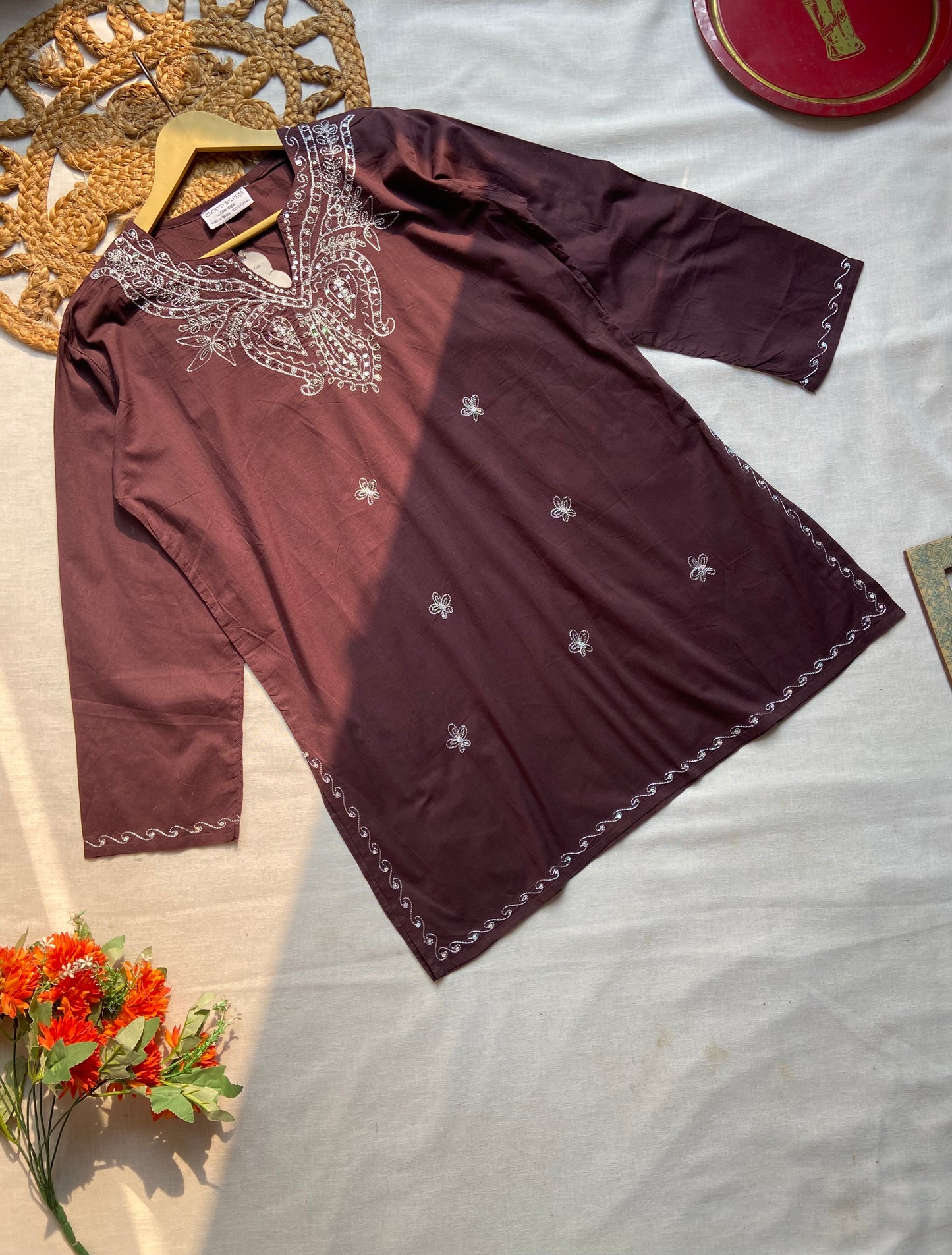 Women’s Maroon Embroidered Cotton Kurti