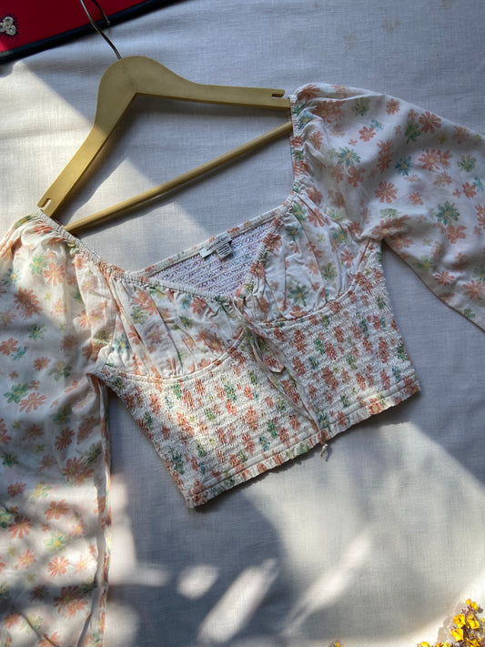 Floral Smocked Crop Top with Puff Sleeves